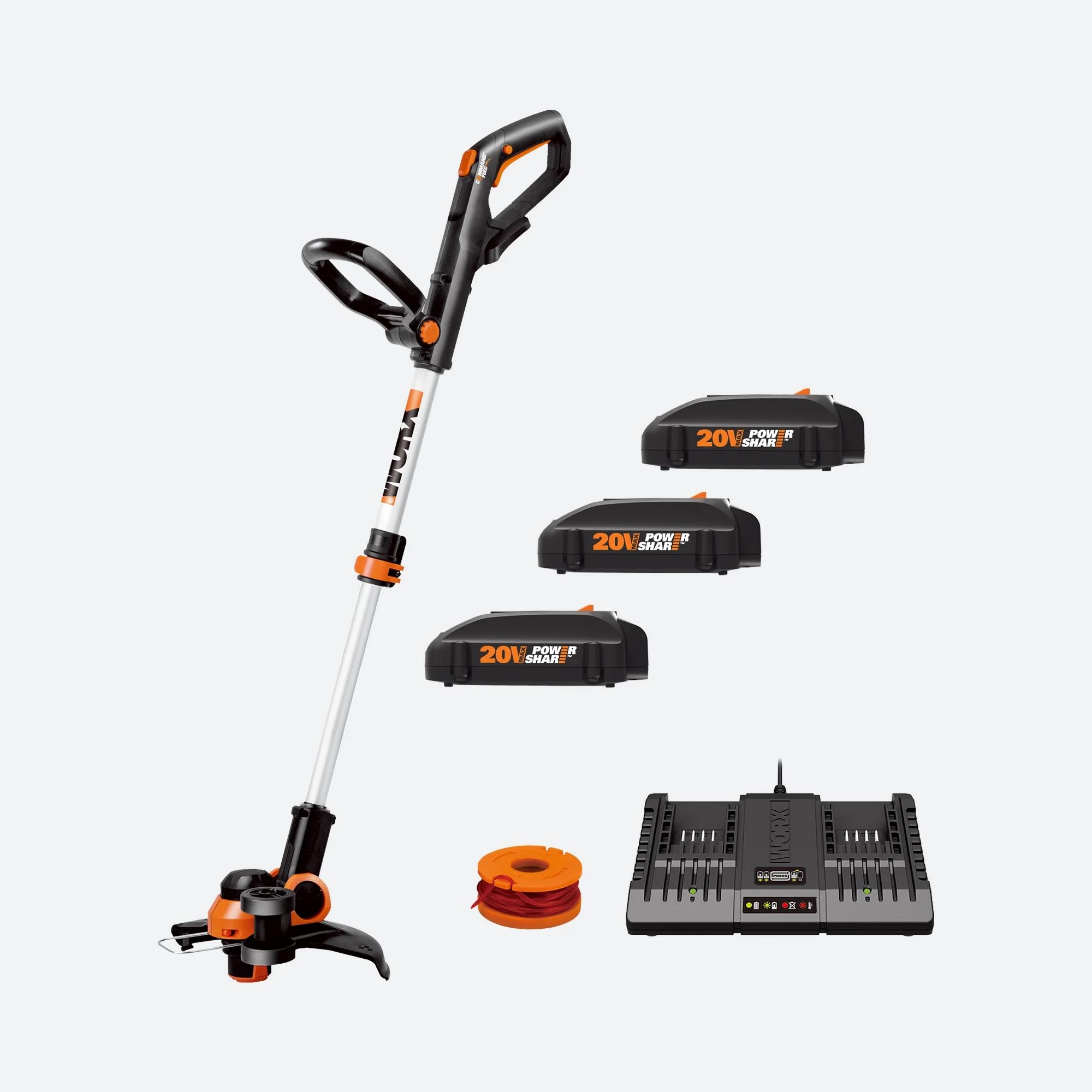 Worx 20V Cordless 12” Trimmer/Edger with Command Feed; 3 20V Batteries, and 2-hr Dual Charger # WG163.4