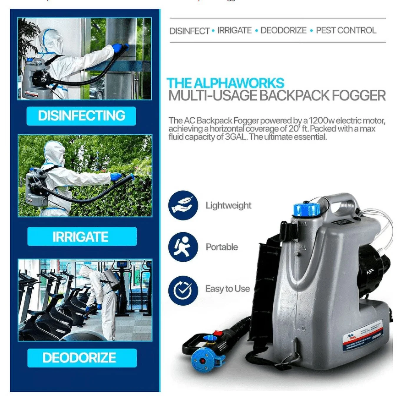 Open Box AlphaWorks Cordless Disinfectant Backpack Mist Duster ULV Sprayer GUT050 - GREY