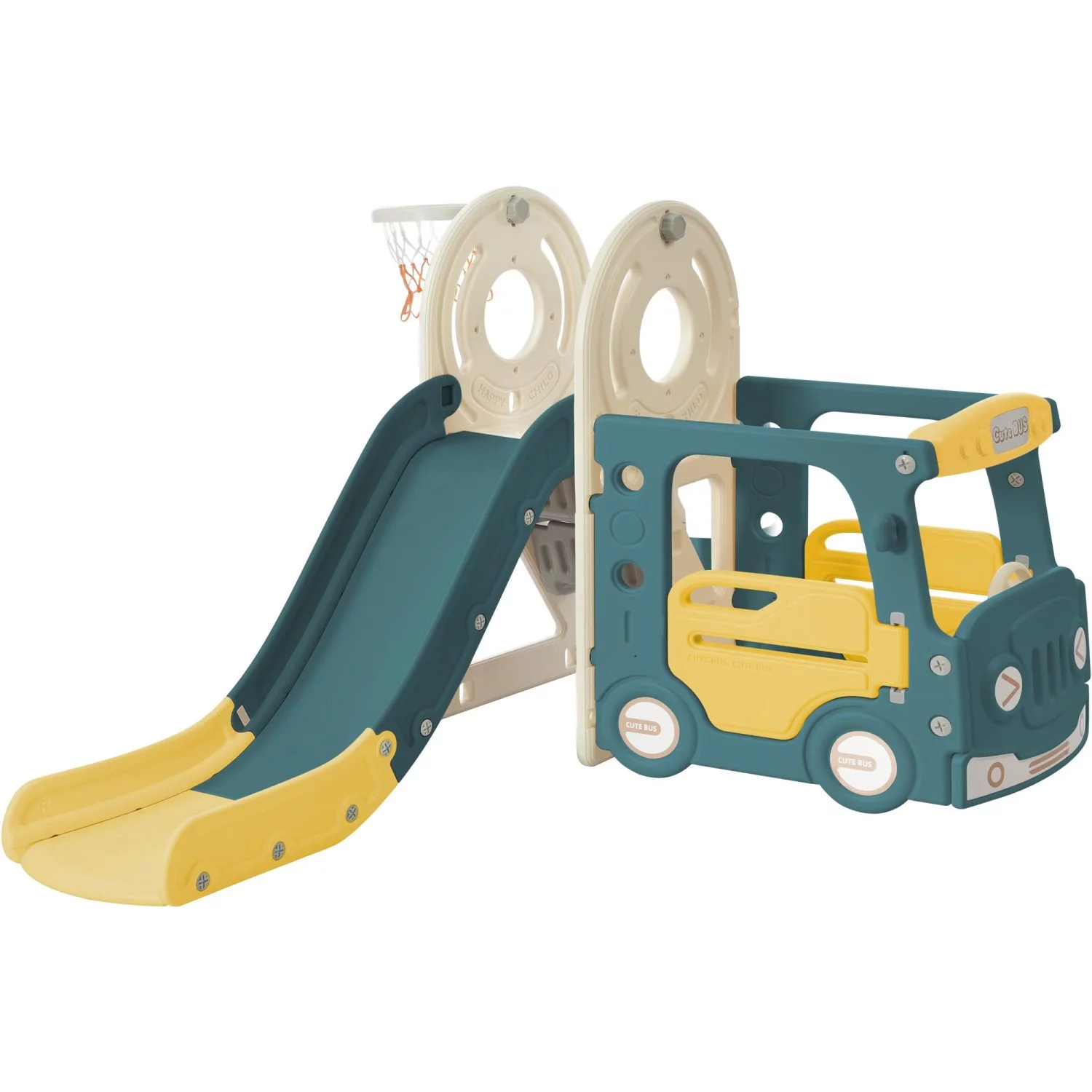 Freestanding Bus Play Structure for Kids  Colorful Bus Toy Slide with Basketball Hoop  Fun Bus Slide Set for Toddlers in Playground or Backyard