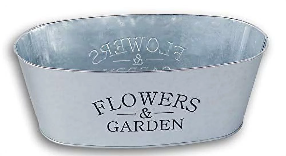 Mini Metal Farmhouse Oval Shaped Garden Planter Pail - ''Flowers & Garden'' - 10.5 x 4 Inches