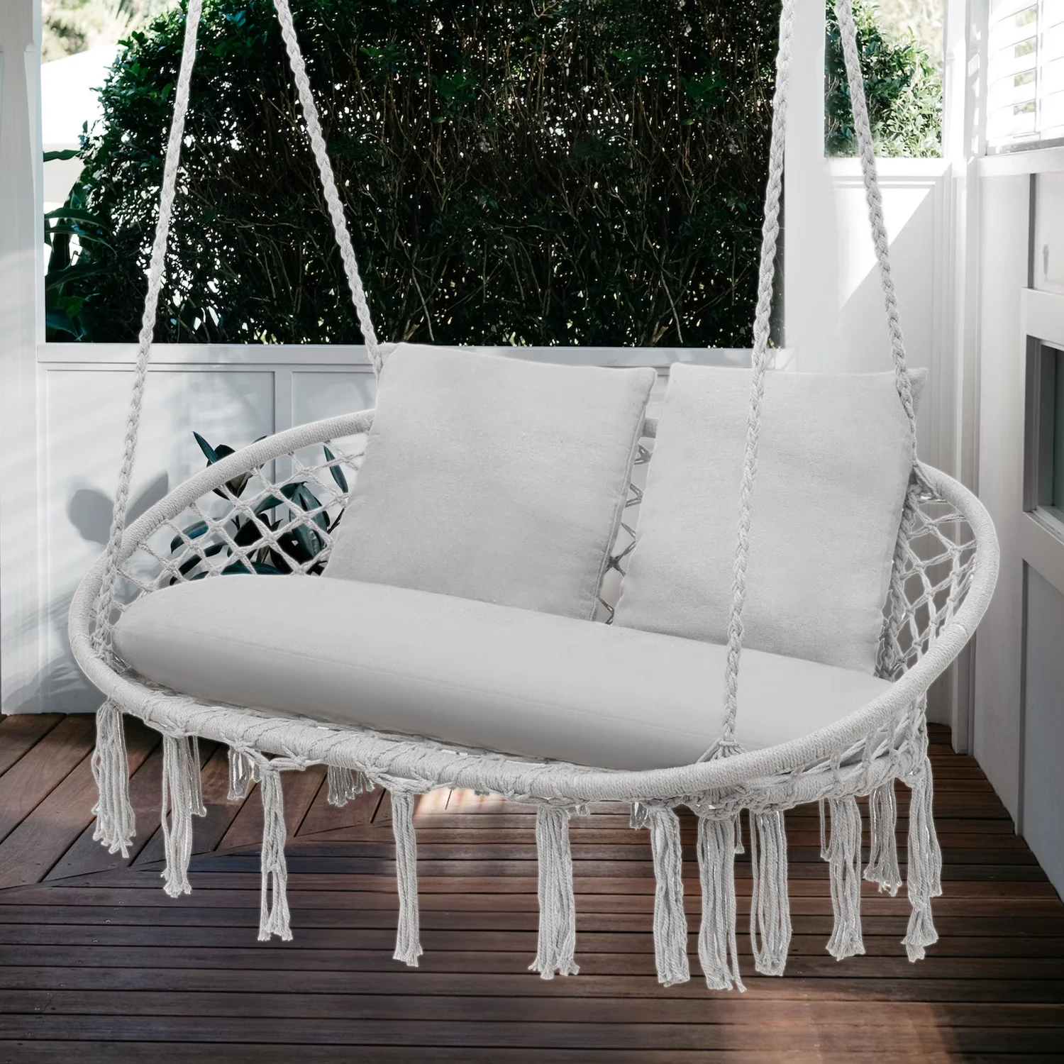 Patio Macrame Hammock Relaxing Chair Garden Hanging Rope Swing 2-Seat w/Cushion