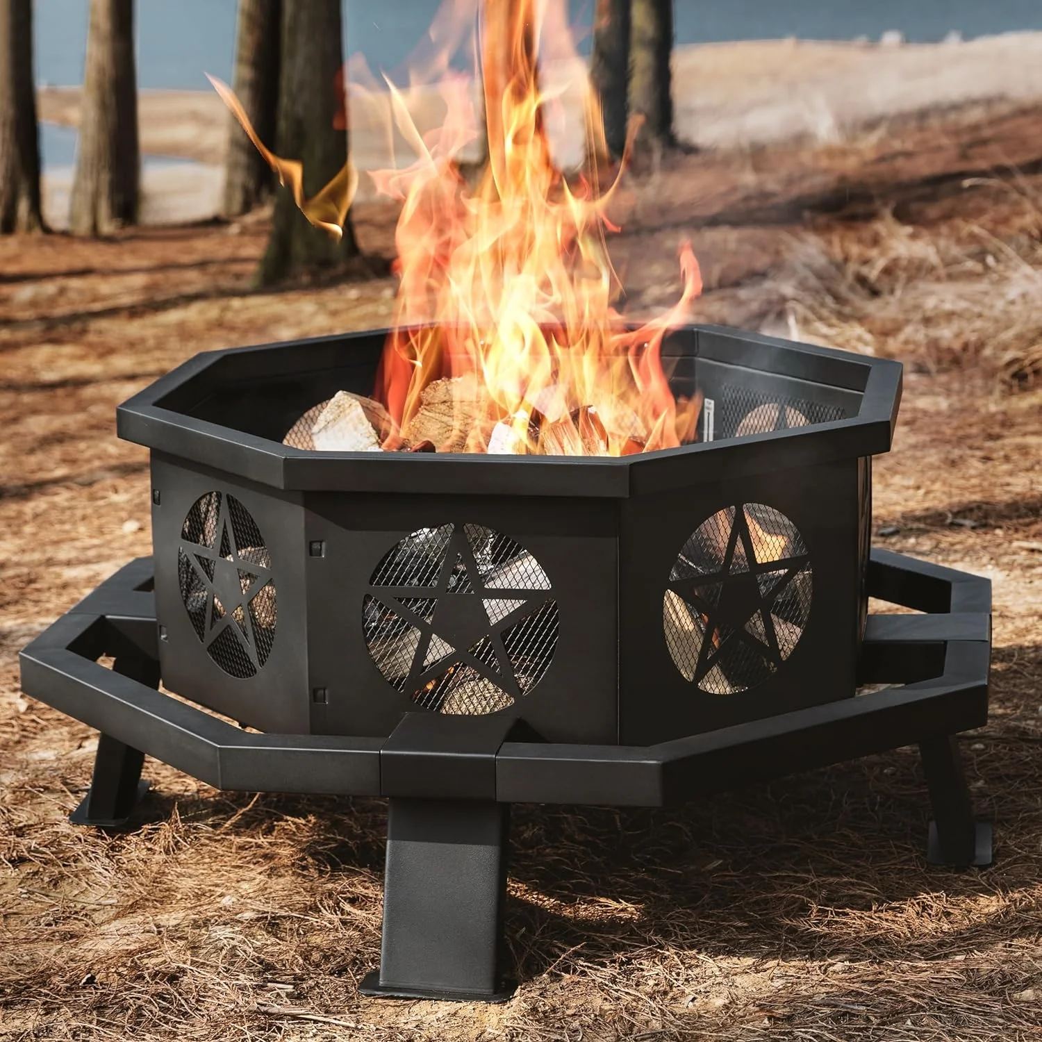 Outdoor Octagonal Fire Pit: 35-Inch Wood Burning Firepit with Cooking Grill, Poker Included, Heavy Duty for Bonfire, Patio, Camping