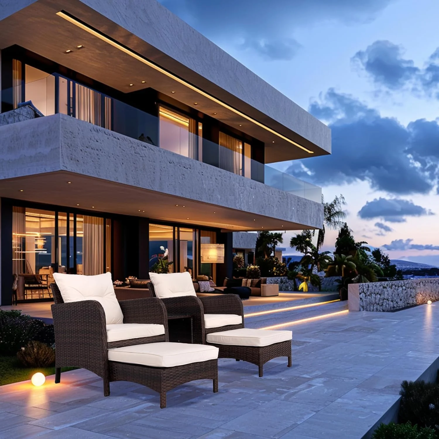 Y Enjoy Balcony Furniture Patio Set with Ottoman 5 Piece PE Rattan Wicker Furniture Set with Table Conversation Outdoor Lawn Chairs with Footrest for Lawn Garden Porch (Brown Wicker- Blue