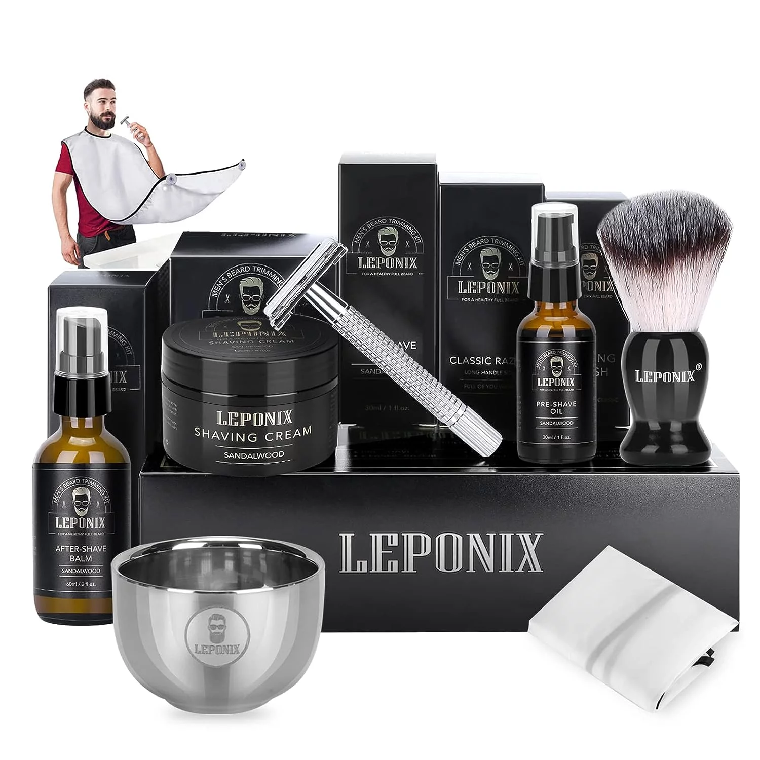 Shaving Kit for Men, Includes Safety Razor, Sandalwood Shaving Cream, Aftershave Balm, Pre Shave Oil, Shaving Brush and Bowl, Shaving Apron Bib -Gifts for Men Him Stocking Stuffers