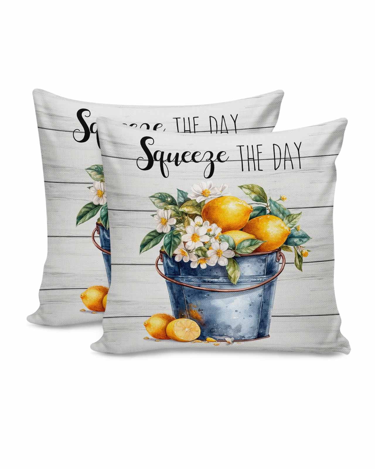 Summer Lemon Flowers Farmhouse 20x20 Pillow Covers Set of 2, Iron Bucket Wood Decorations Outdoor Throw Pillow Covers, Cotton Linen Square Pillowcases for Patio Sofa Couch Bedroom Decorative