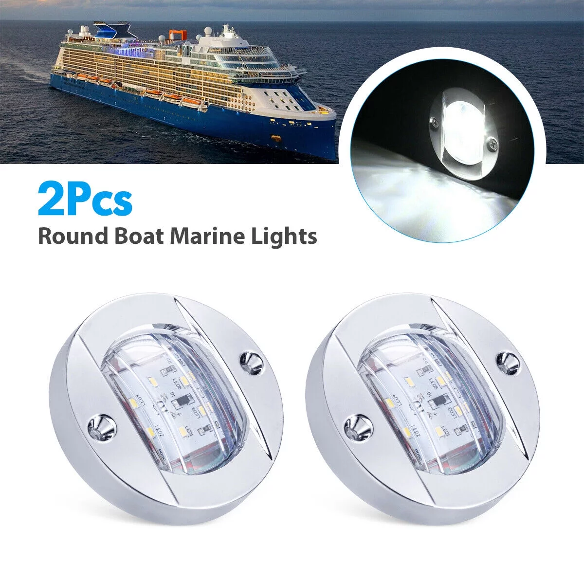 2X Round Marine Boat LED Courtesy Lights Cabin Deck Stern Navigation Light White