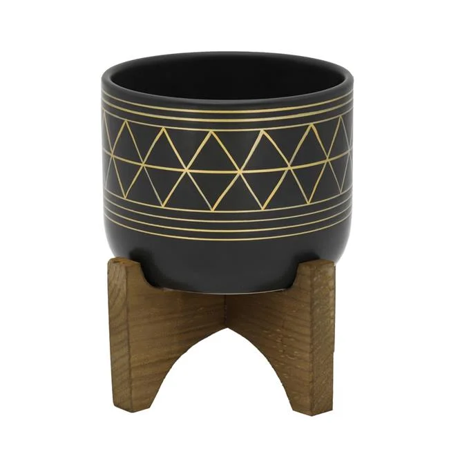 CT044E-BK-GD Black & Gold Geo Planter on Wood Stand