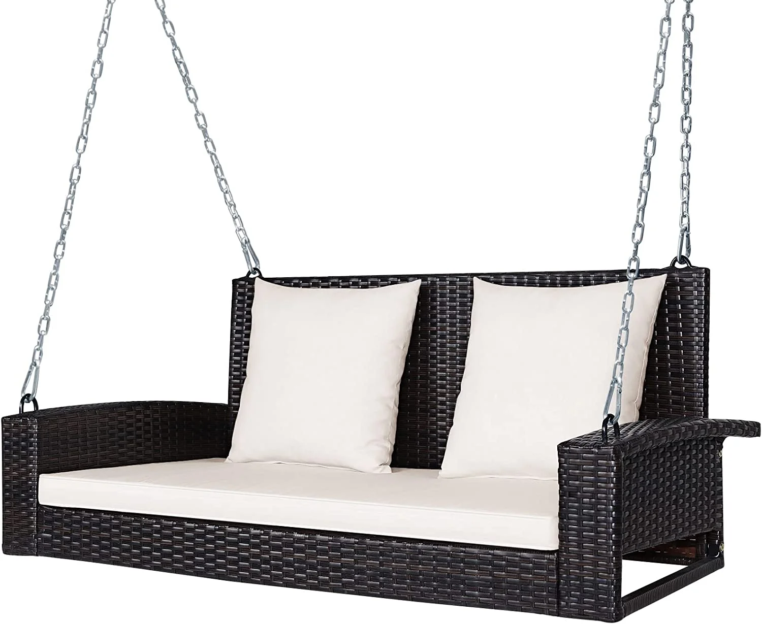 2-Person Wicker Hanging Porch Swing W/ 2 Back Cushions & 1 Seat Cushion, Sturdy Steel Chain, 800lbs Weight Capacity