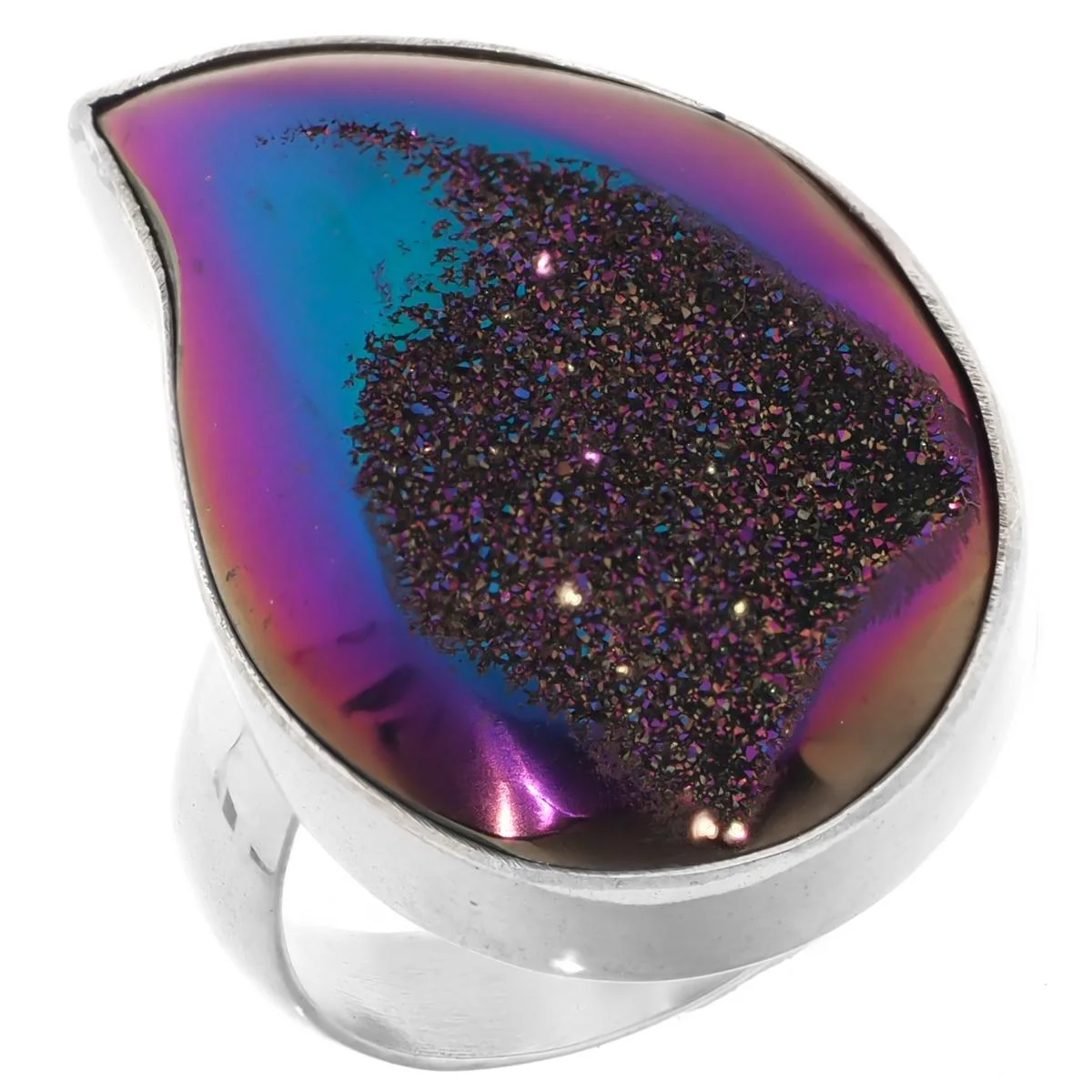 Sz 7 Teardrop Rainbow Titanium Druzy Agate 925 Sterling Silver Ring, 1
