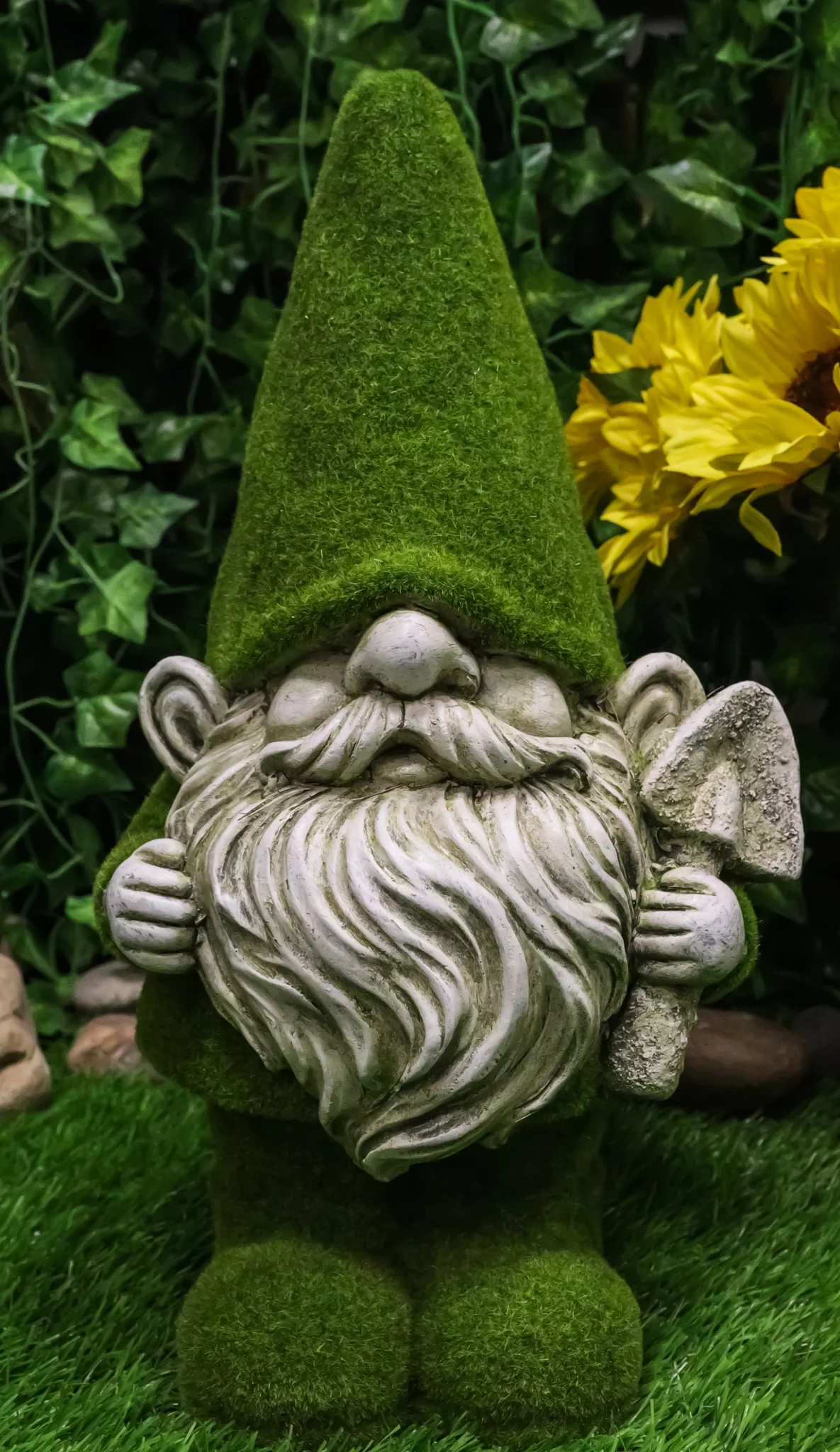 Large Whimsical Green Thumb Gnome With Shovel Garden Statue In Artificial Moss