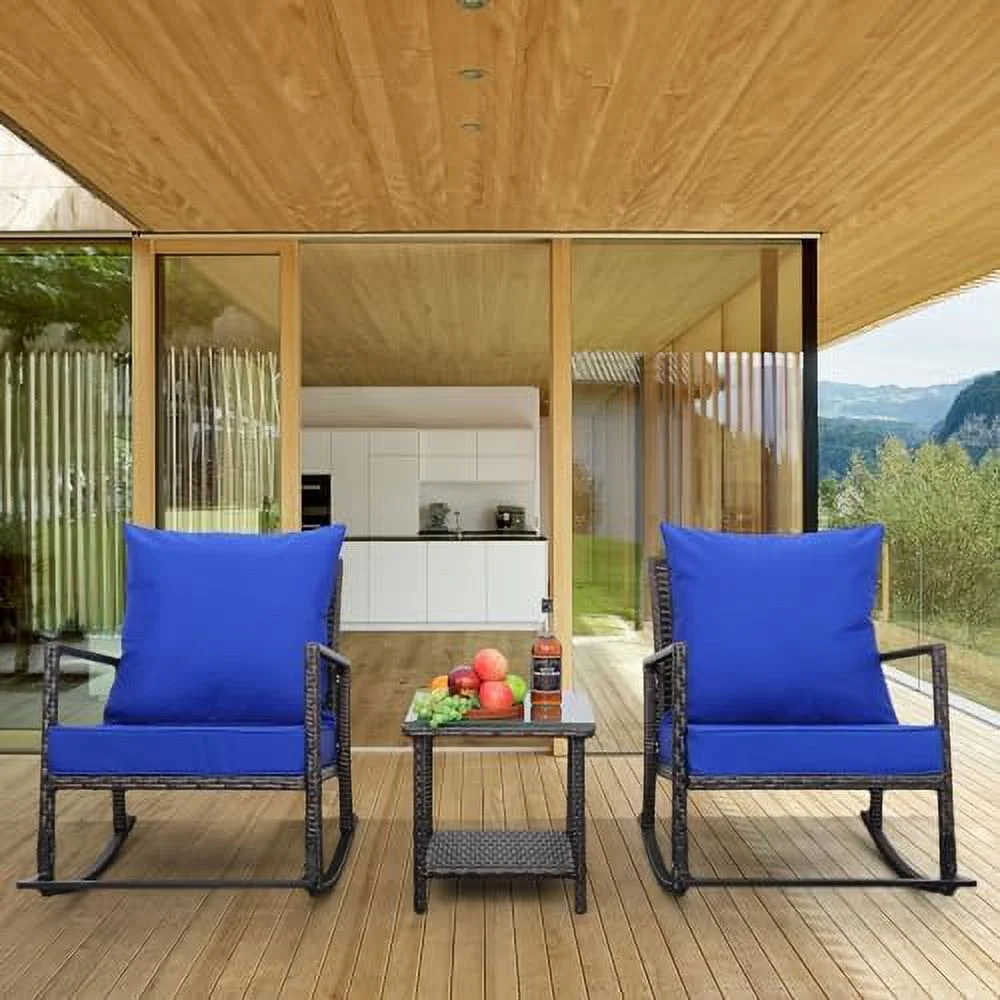 MQLIFEBOOM 3 Piece Patio Set Outdoor  Outdoor Rocking Chairs Patio Conversation Sets 2 Patio Chairs Patio Table Wicker Patio  with Non-Slip Cushions   Blue