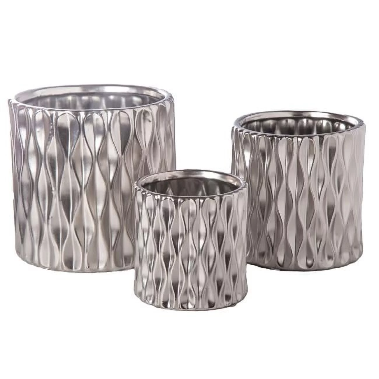 Urban Trends Collection 45953 Ceramic Round Pot wth Wide Mouth & Embossed Wave Body, Matte Silver - Set of 3