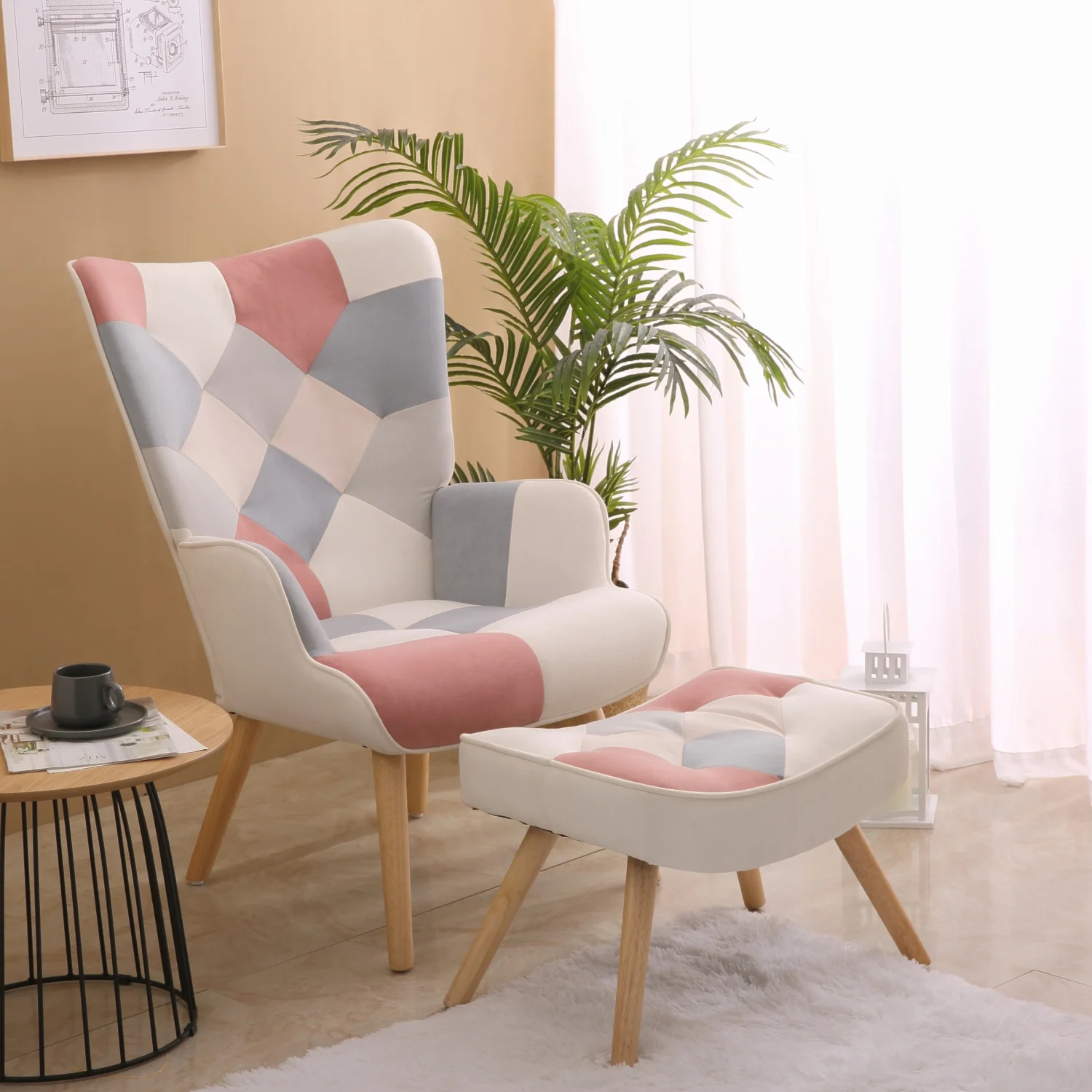 Modern Cozy Creative Splicing Accent Chair and Ottoman Set with Comfortable Cloth Surface  Stylish Side Armchair for Living Room and Bedroom Décor