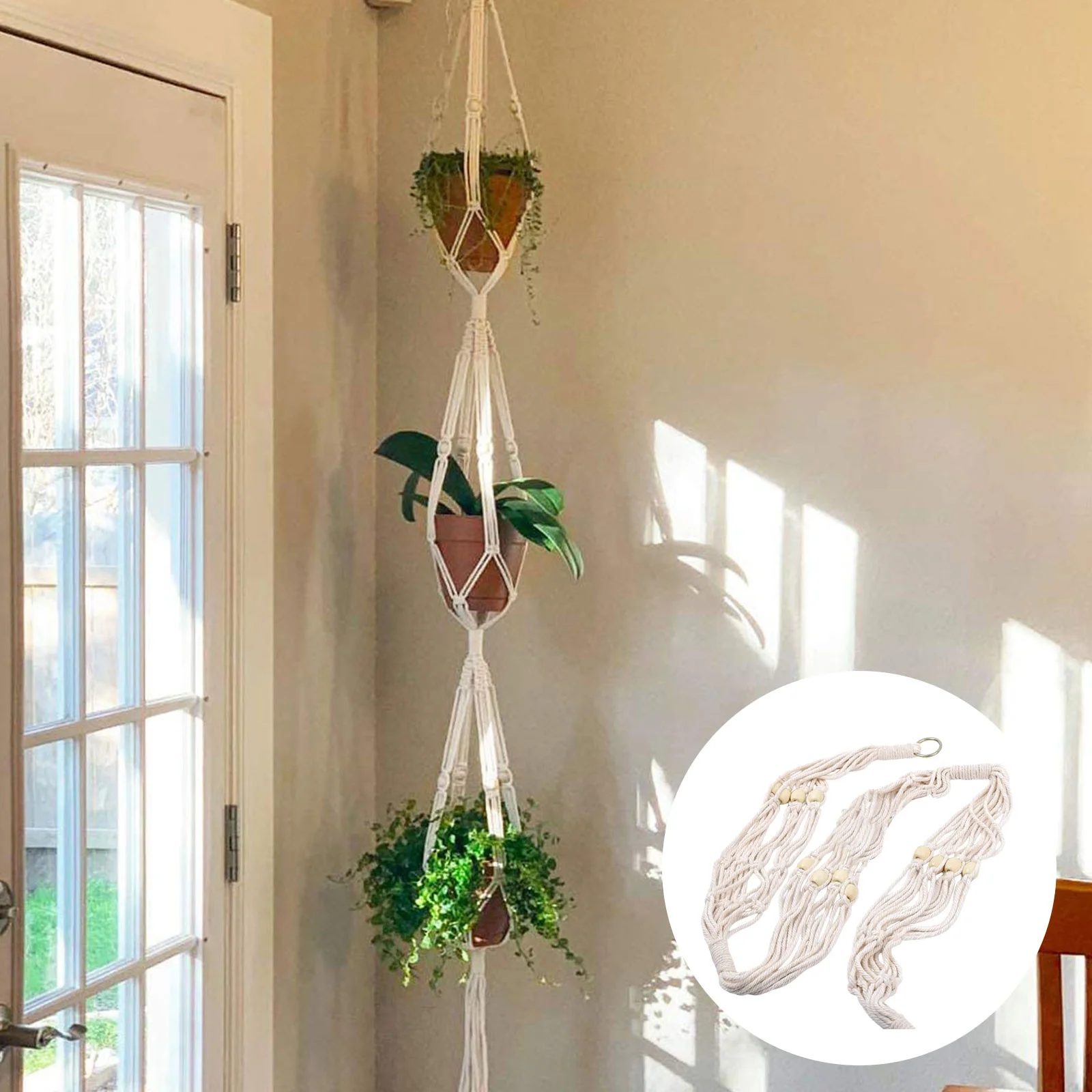 Pots Home Decor Flower Pots Flower Pot Cotton Rope Hanger 3 Tier Indoor Outdoor Hanging Planter Basket Cotton Rope With Beads