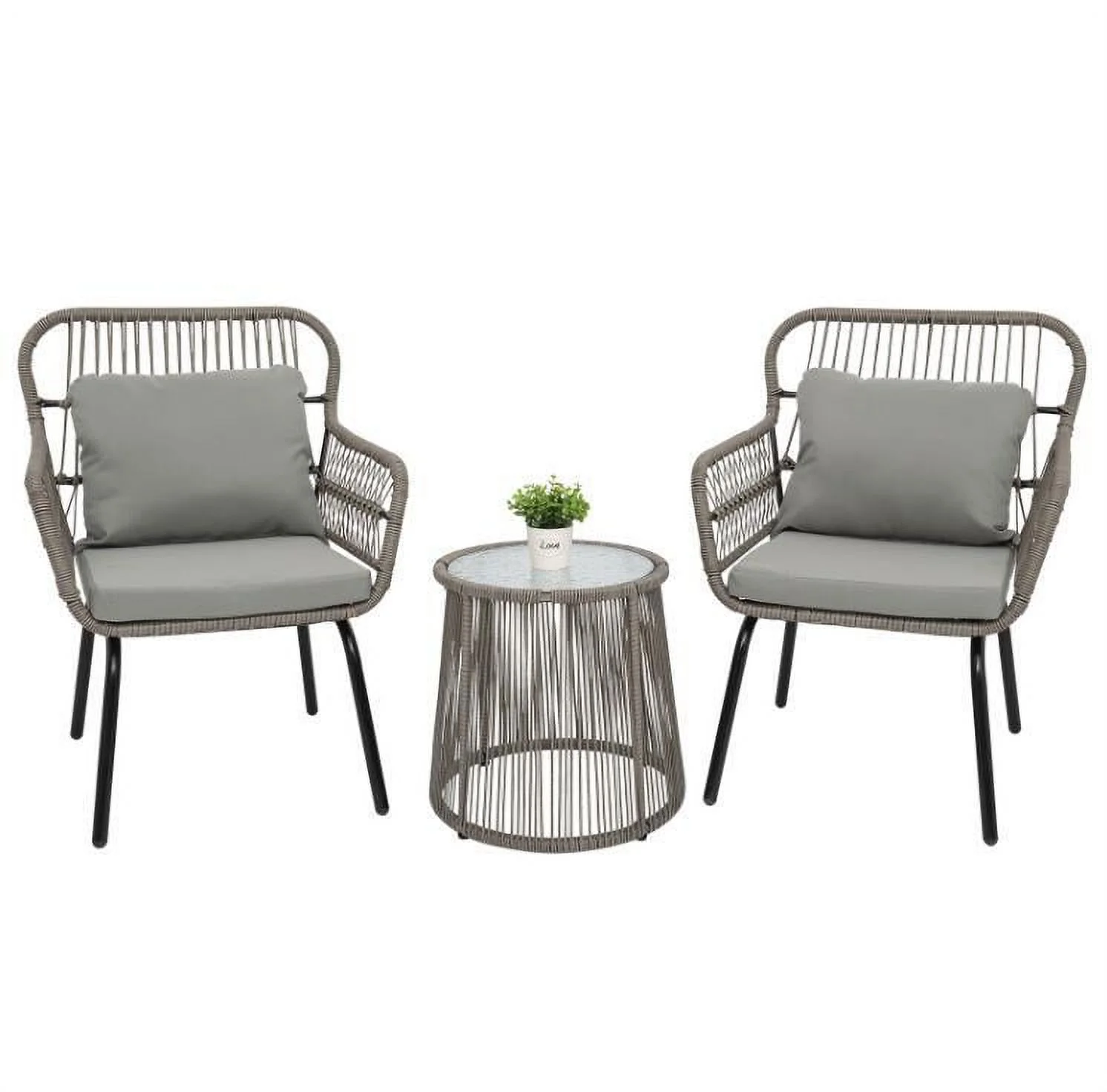 3pcs Patio Wicker Conversation Bistro Set 2 Chairs & Side Table & Cushions Gray