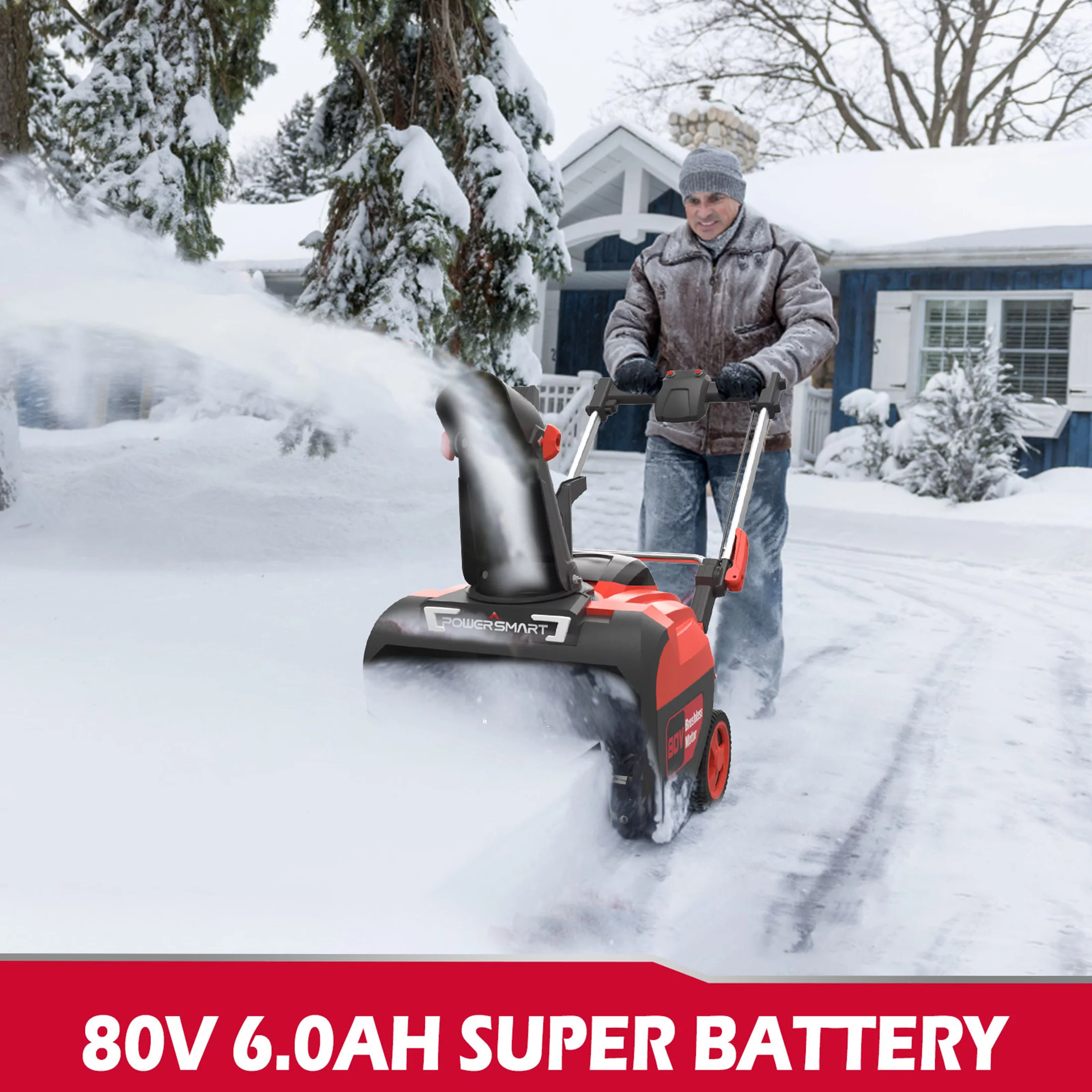 PowerSmart 21Inch Snow Blower - 80V 6.0Ah,Cordless Snow Thrower, Snow Blower with Battery and Charger, LED Light, Snow remover with Easy Control