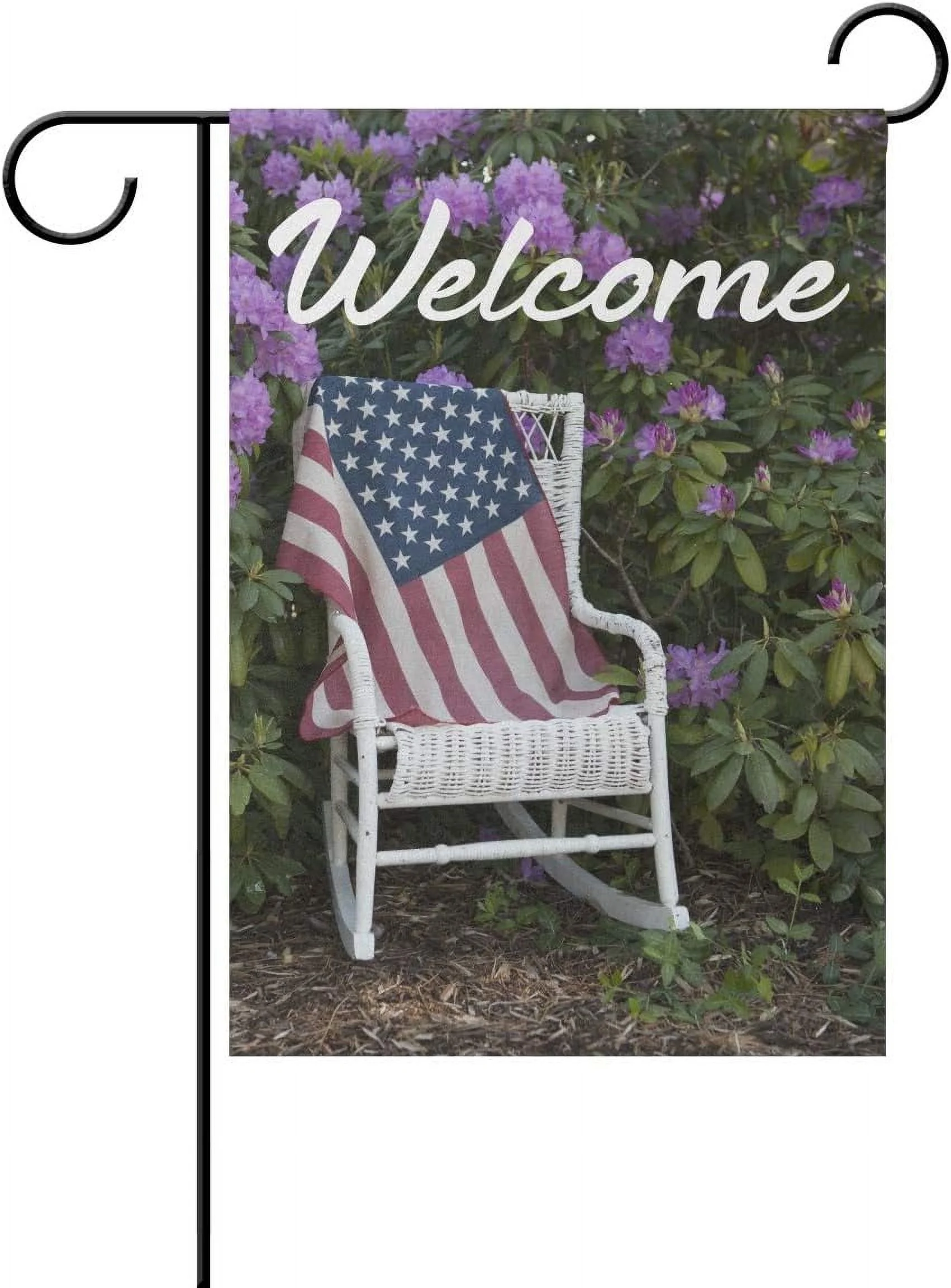 American Flag on Antique Wicker Chair Garden Flag 12 x 18 Inch Vertical Double Sided Welcome Yard Garden Flag Seasonal Holiday Outdoor Decorative Flag for Patio Lawn Home Decoration Gift