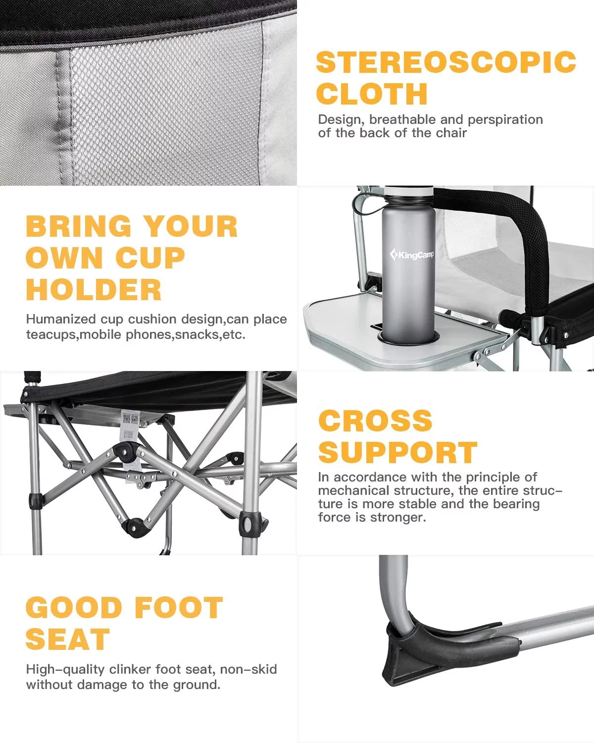 KingCamp Folding Camping Chairs Heavy Duty Directors Chair with Side Table Black