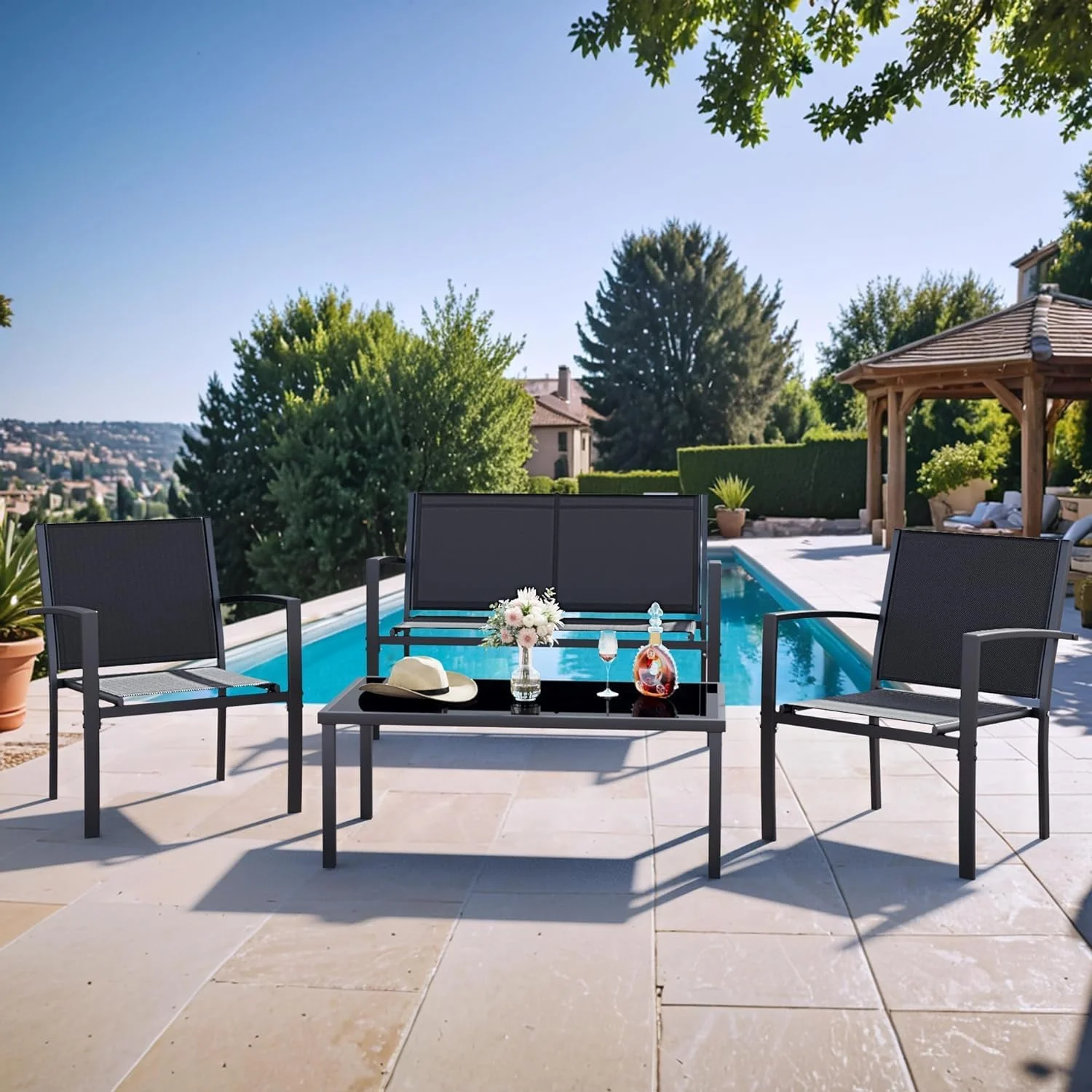 Dina 4 Pieces Outdoor Patio Furniture Set Conversation Set with Glass Coffee Table Bistro Set with Loveseat Garden Yard Lawn and Balcony (Grey)