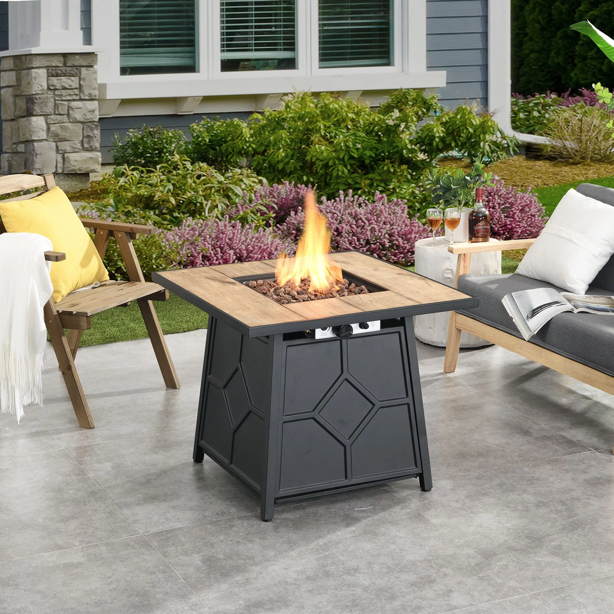 30 in. W x 25 in. H Square Black Metal Base Propane Gas Fire Pit with Wood Table Top in Black