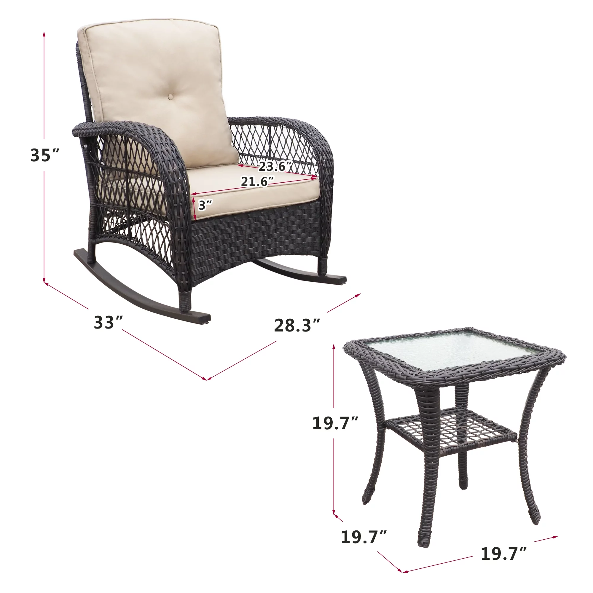 3 Piece Wicker Patio Rocker Sets, Rattan Rocking Furniture Set with Glass Table Dark Brown