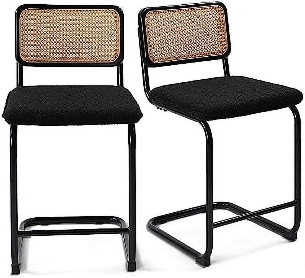 ASDRFYU Modern Cesca Cane Dining Chairs    Handwoven Rattan Cane Back  Chrome Base  Upholstered Boucle Seat  Ideal for Kitchen or Dining Room  Black