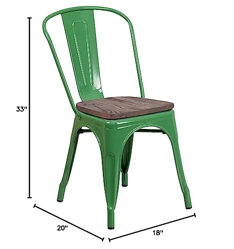 EMMA + OLIVER Green Metal Stackable Chair with Wood Seat