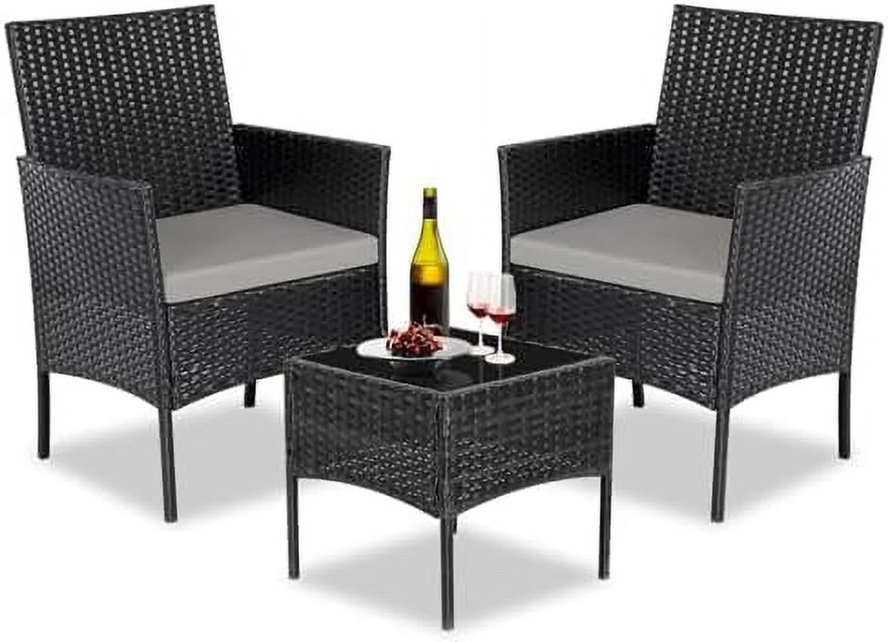 JYHOME 3 Pieces Patio Set Outdoor Wicker  Sets Modern PE Rattan Chair Conversation Sets with Coffee Table for Yard Bistro Porch Balcony (Brown/Red)