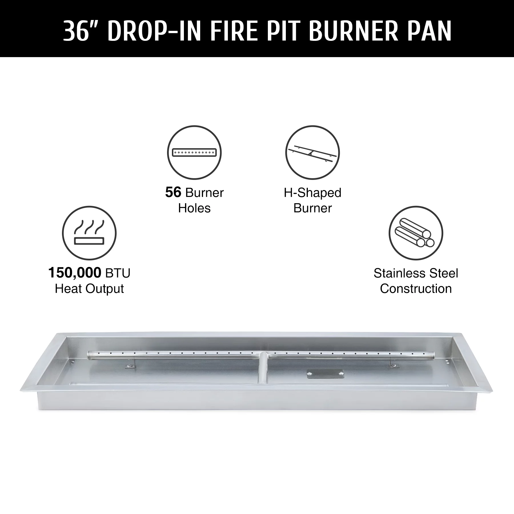 36x12 Inch Fire Pit Pan with Burner Drop-In Gas Propane Fireplace Tray 150k BTUs