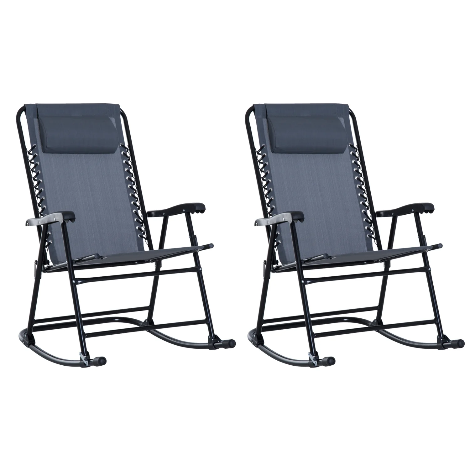 Experience stylish and relaxing outdoor comfort with this 2 pack of comfortable and durable gray folding rocking camping chairs with headrests. Perfect for outdoor use  this set includes