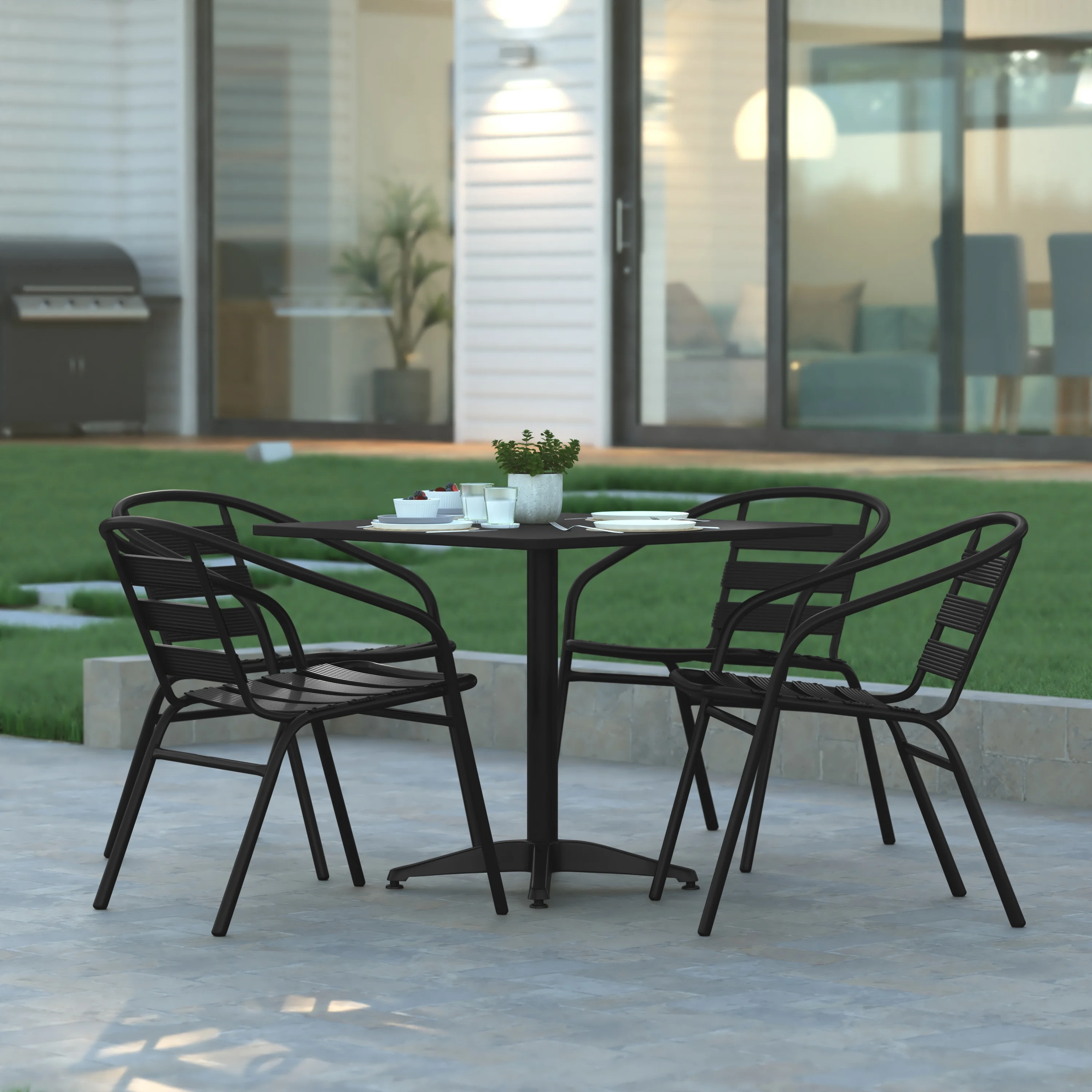 Emma + Oliver 31.5'' Black Square Aluminum Indoor-Outdoor Table Set with 4 Black Slat Back Chairs