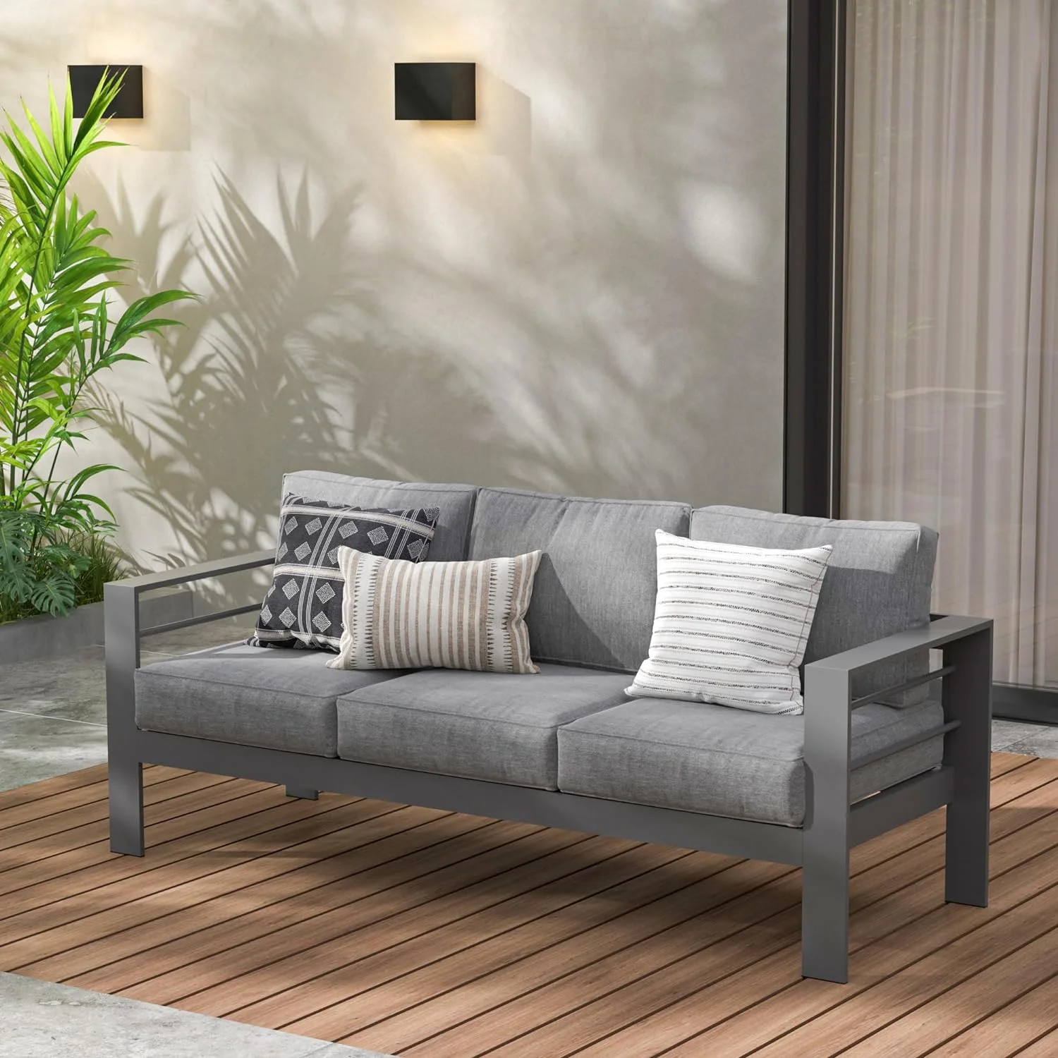 RoyalCraft Patio Furniture Aluminum Sofa, All-Weather Outdoor 3 Seats Couch, Gray Metal Chair with Dark Grey Cushions
