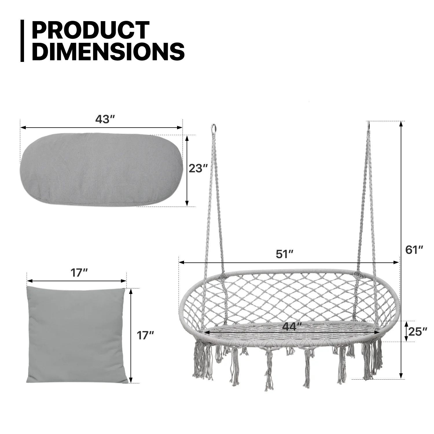 Patio Macrame Hammock Relaxing Chair Garden Hanging Rope Swing 2-Seat w/Cushion