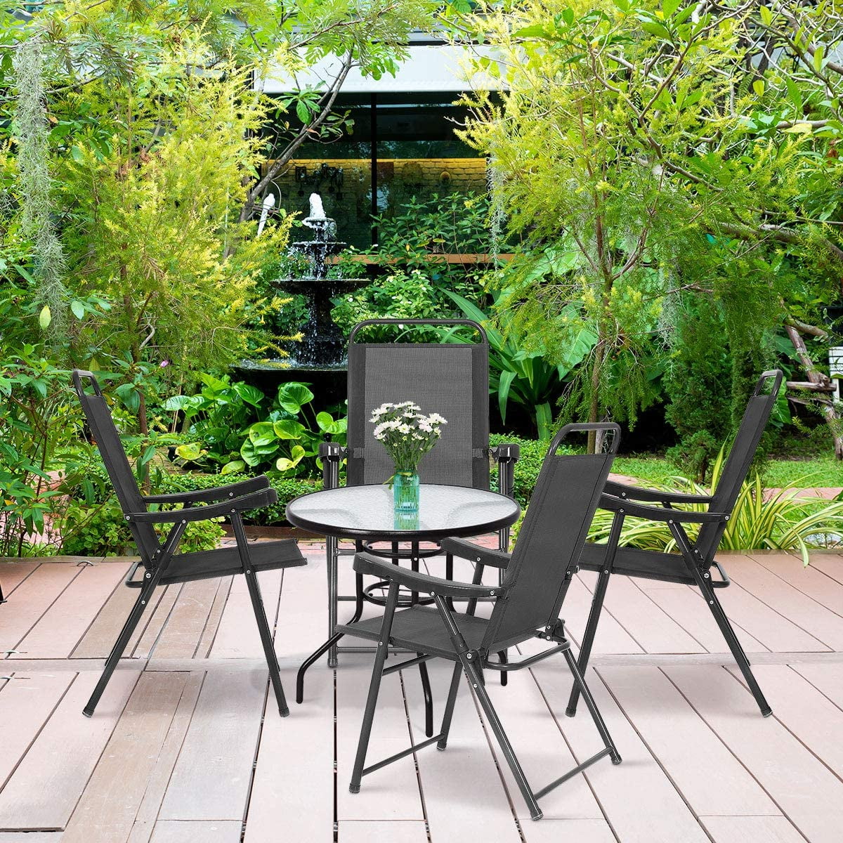 GOFLAME Set of 4 Patio Folding Sling Chairs, Portable Furniture Chairs with Armrest for Outdoor and Indoor, Sling Back Chairs for Patio, Backyard, Poolside, Lawn