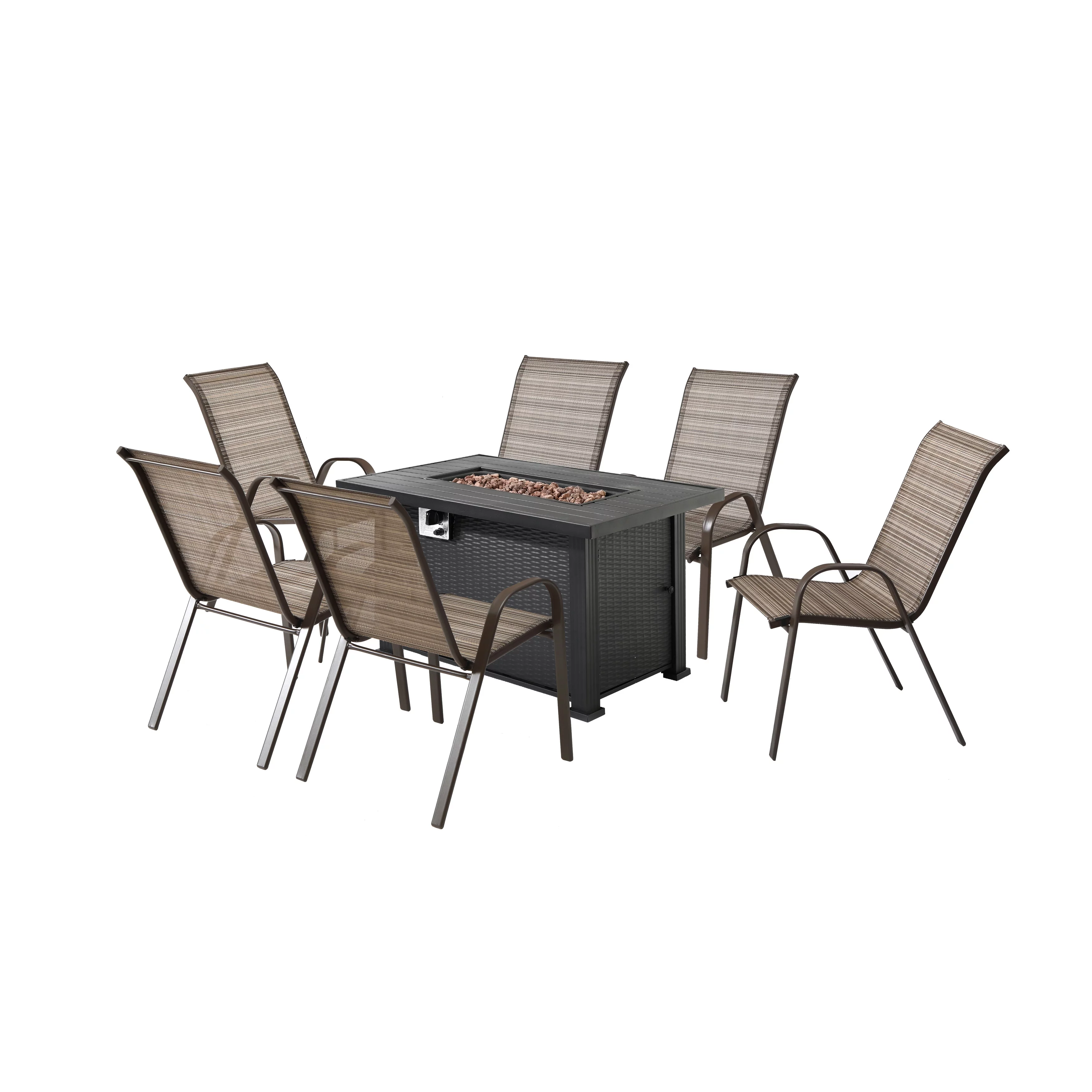 7 Piece Patio Dining Fire Pit Set Wavy Brown