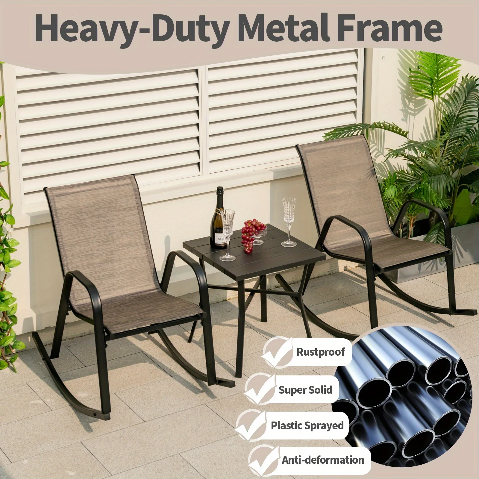 2PCs patio rocking chair heavy-duty metal rocker outdoor anti-slip Brown