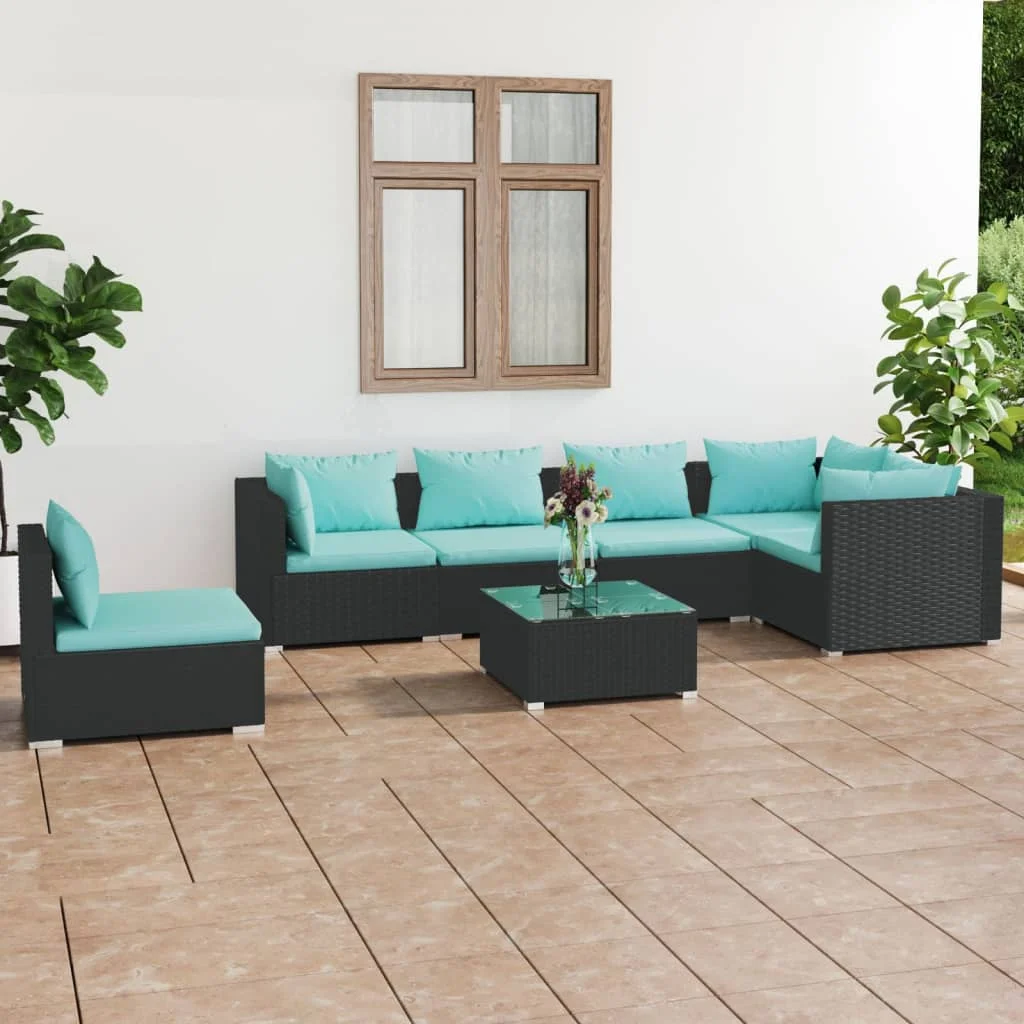 Walmeck 7 Piece Patio Set with Cushions Poly Rattan Black