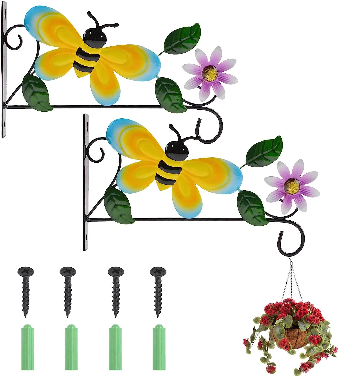 Wall Hanging Plant Bracket, 2Pcs Bee Pattern Iron Hook Black Wall Mount Lanterns Racks for Hanging Bird Feeders Lanterns Wind Chimes Plant Pot with Screws/10.3'