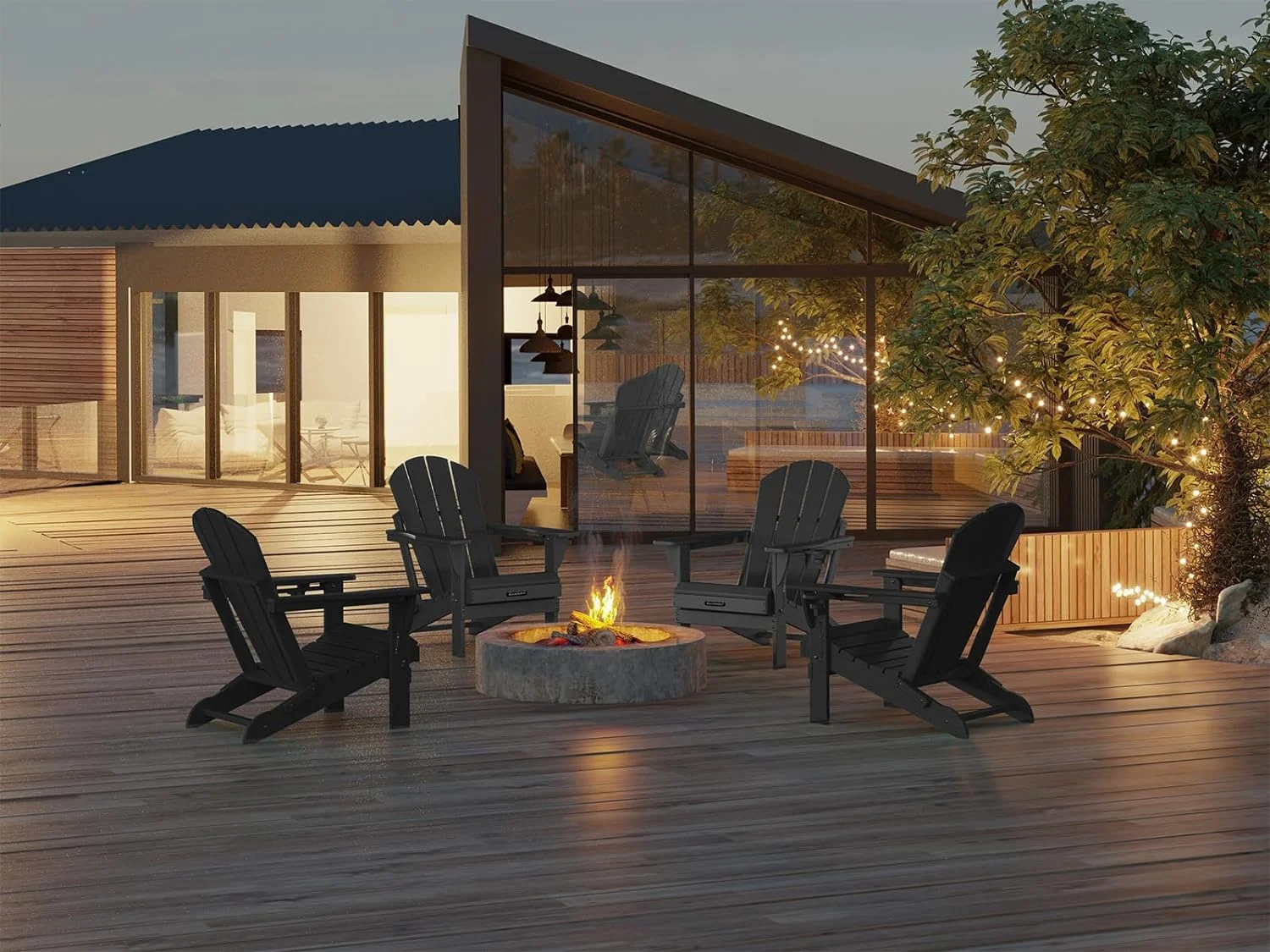 MUCHENGHY Folding Adirondack Chairs, Patio Chairs, Fire Pit Chairs, Outdoor Chairs, Plastic Adirondack Chairs, Lawn Chairs Weather Resistant with Cup Holder for Deck, Backyard, Garden(Black)