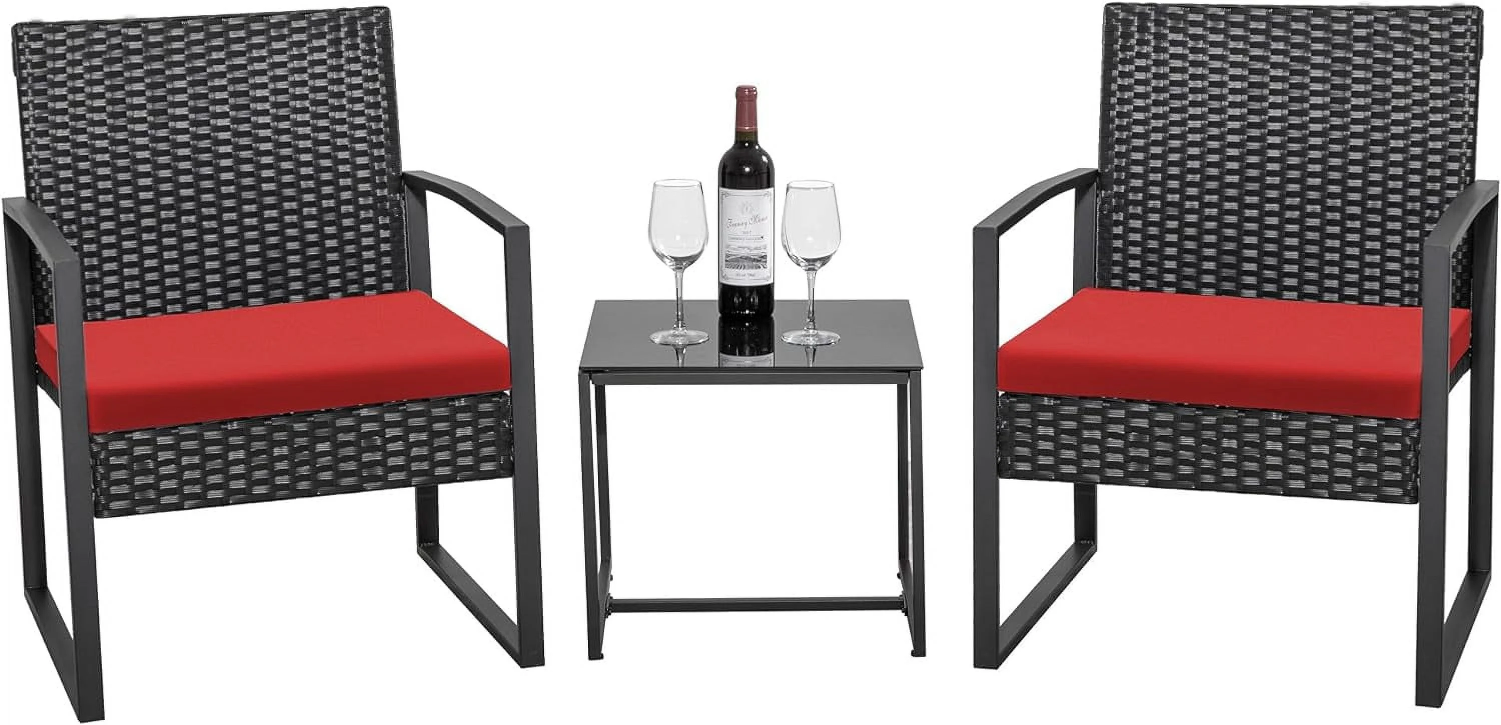 Balcony 3 Piece Furniture Table Garden Backyard Outdoor Patio Use Porch Chairs Cushioned PE Wicker Bistro Set Rattan (Red)