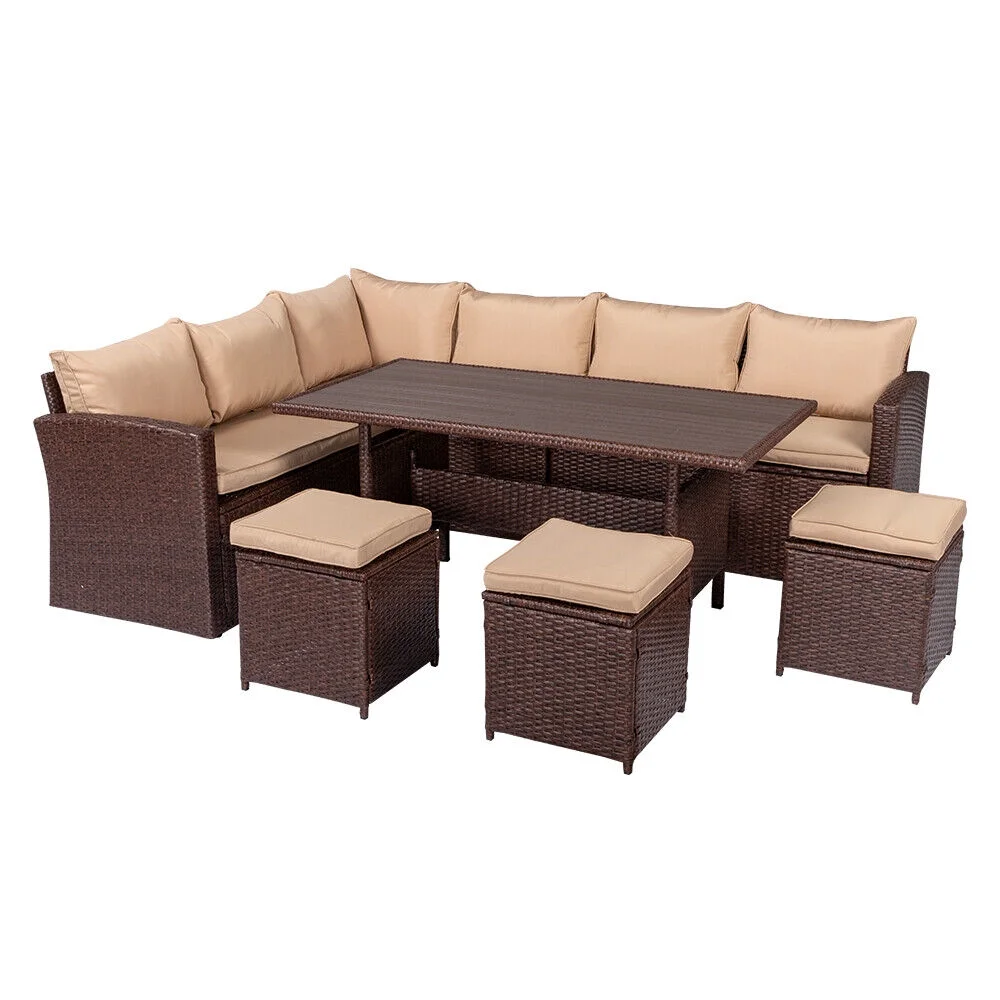 8PCS Patio Rattan Dining Set Cushioned Sofa Ottoman Table Yard Furniture
