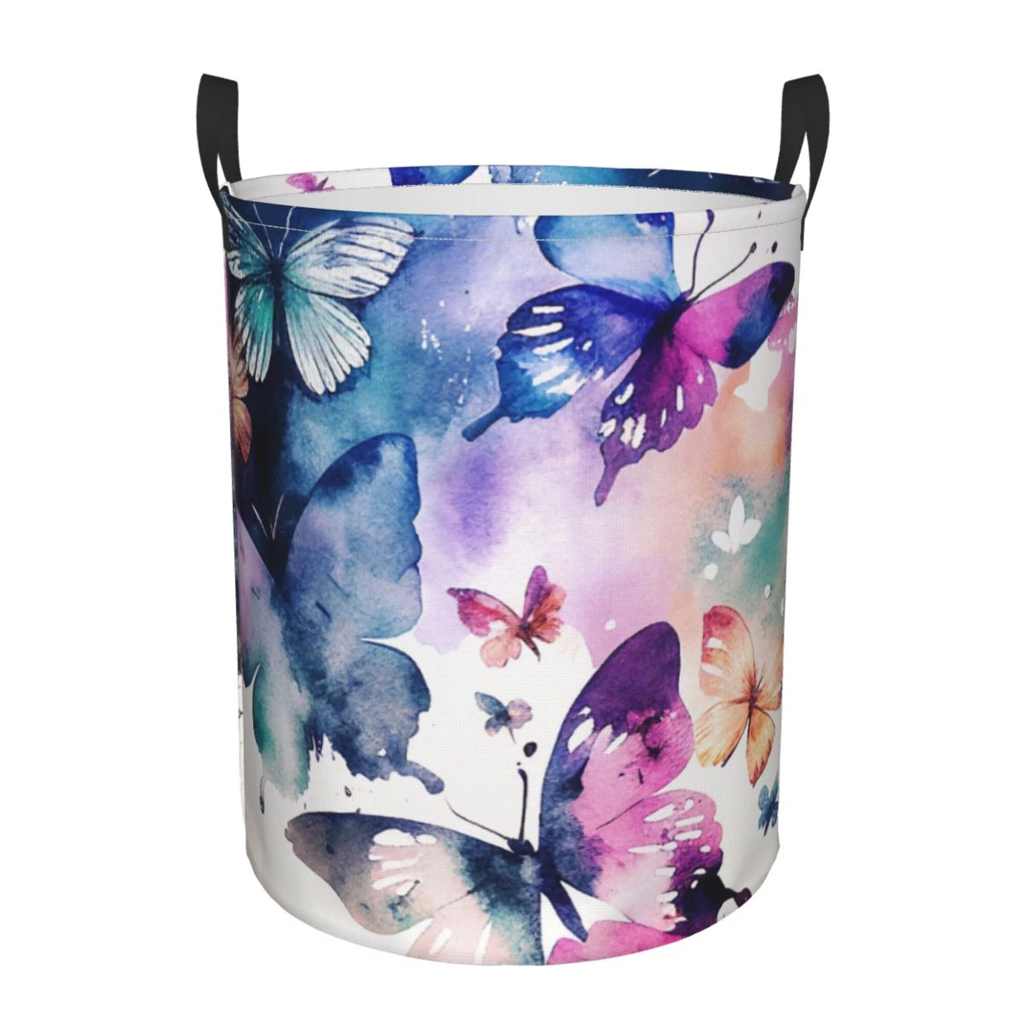 DouZhe Waterproof Collapsible Large Laundry Baskets, Pink Watercolor Butterfly Prints Circular Hamper with Handles