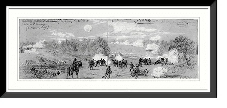 Historic Framed Print, Artillery of Smith's division commanded by Capt. Ayres engaging the rebels at White Oak Swamp, 17-7/8