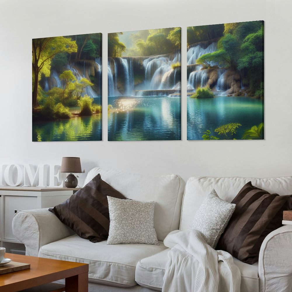 Ulloord  Waterfall Painting for Living Room Wall Art Home Decor Prints Green Forest and Lake Pictures Artworks Wall Decoration Framed Ready to Hang for House