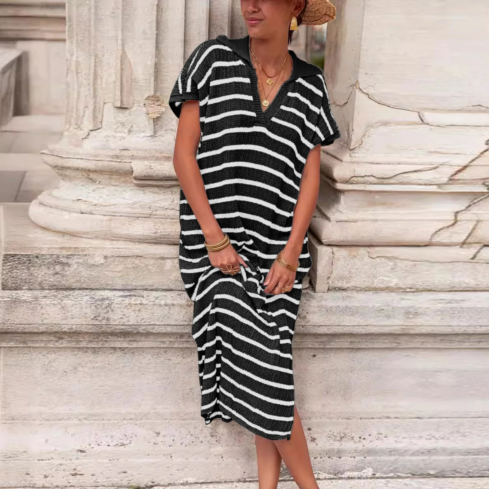 Autumn Cargo Skirt Women Fashion Casual Loose Versatile Striped Dress V Neck Low Slit Sweater Dress White Maxi Skirt