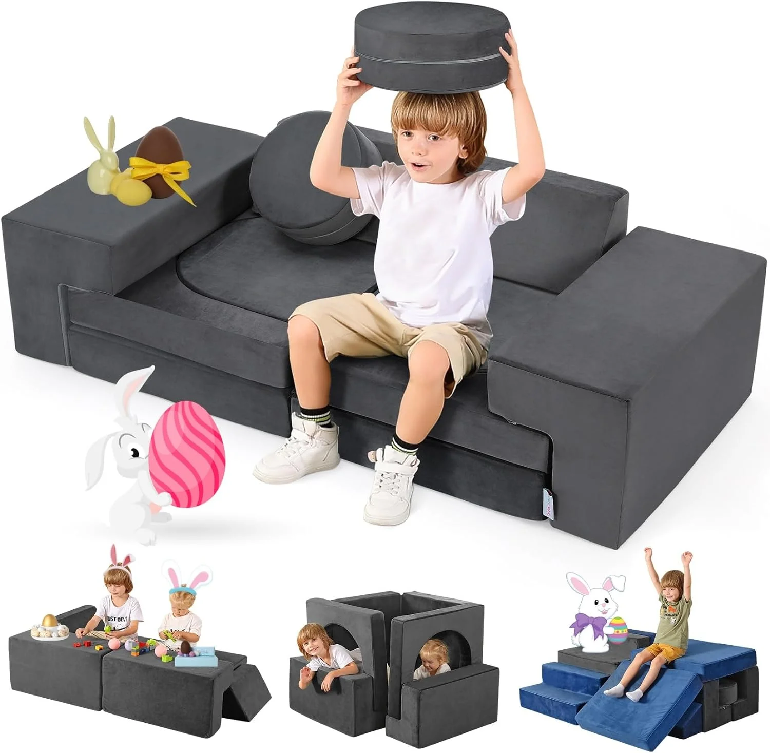 2024 New 11pcs Kids Modular Play Couch, Kids Couch Building Fort, 10s Instant Rebound, Foam Couch for Kids, Versatile Kid Couch for Bedroom Playroom, Stylish Baby Boy Girl Gifts, Space Grey