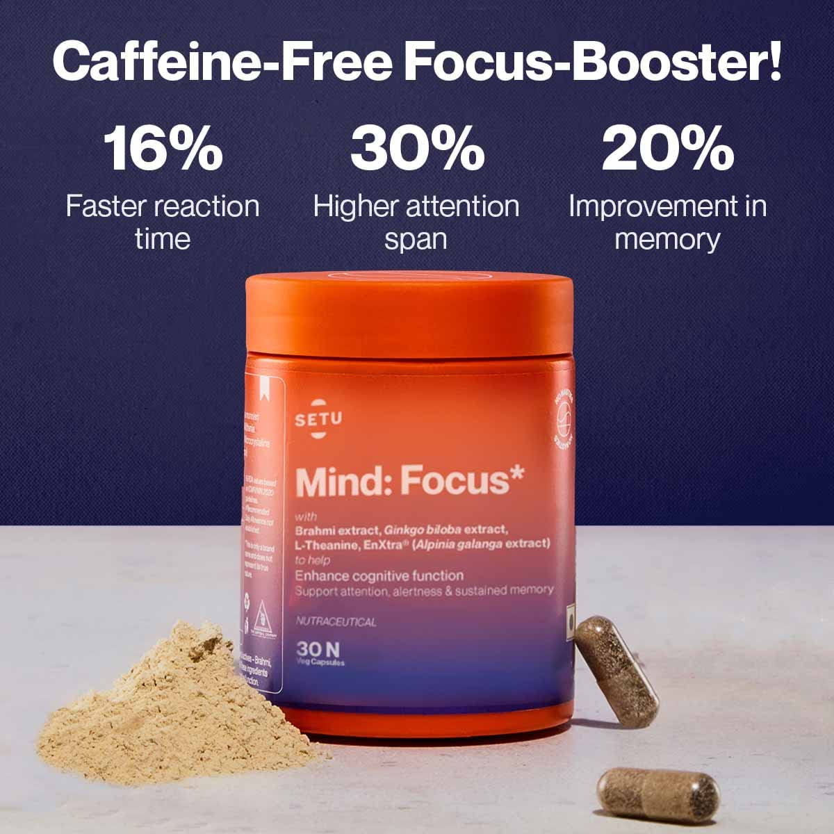 Setu Mind Focus Capsules - 30 Caps (Pack Of 1) L-Theanine, Brahmi & Ginkgo Biloba, Brain Booster - Helps Improve Focus, Alertness