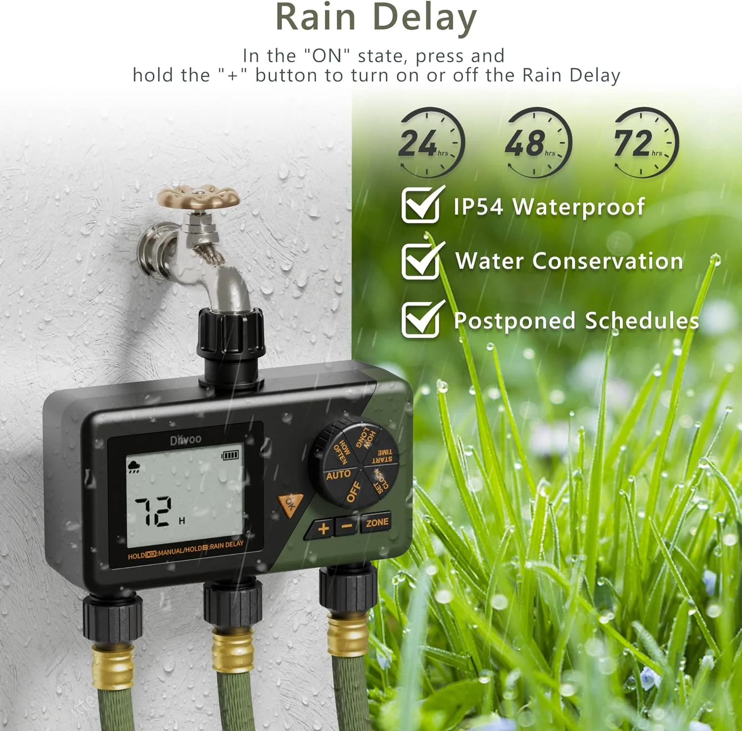 TLKJ Sprinkler Timer 2 Zone  Programmable Water Hose Timer 2 Outlet for Garden  Automatic Irrigation Timer IP54 with Rain Delay/Manual/Auto Mode  Outdoor Hose Timer Controller for Lawn  Y