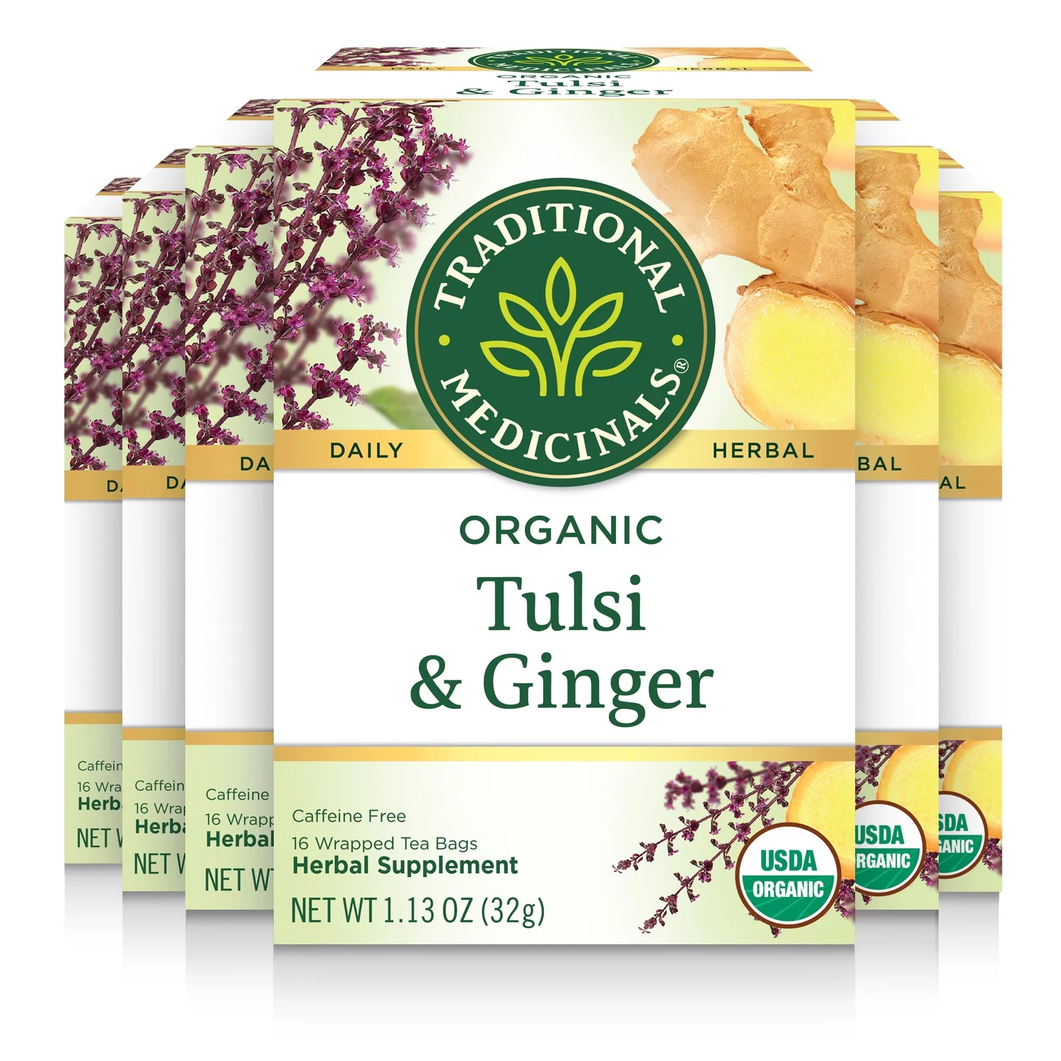 Traditional Medicinals Tulsi with Ginger Herbal Tea Organic, 16 CT (Pack of 6)