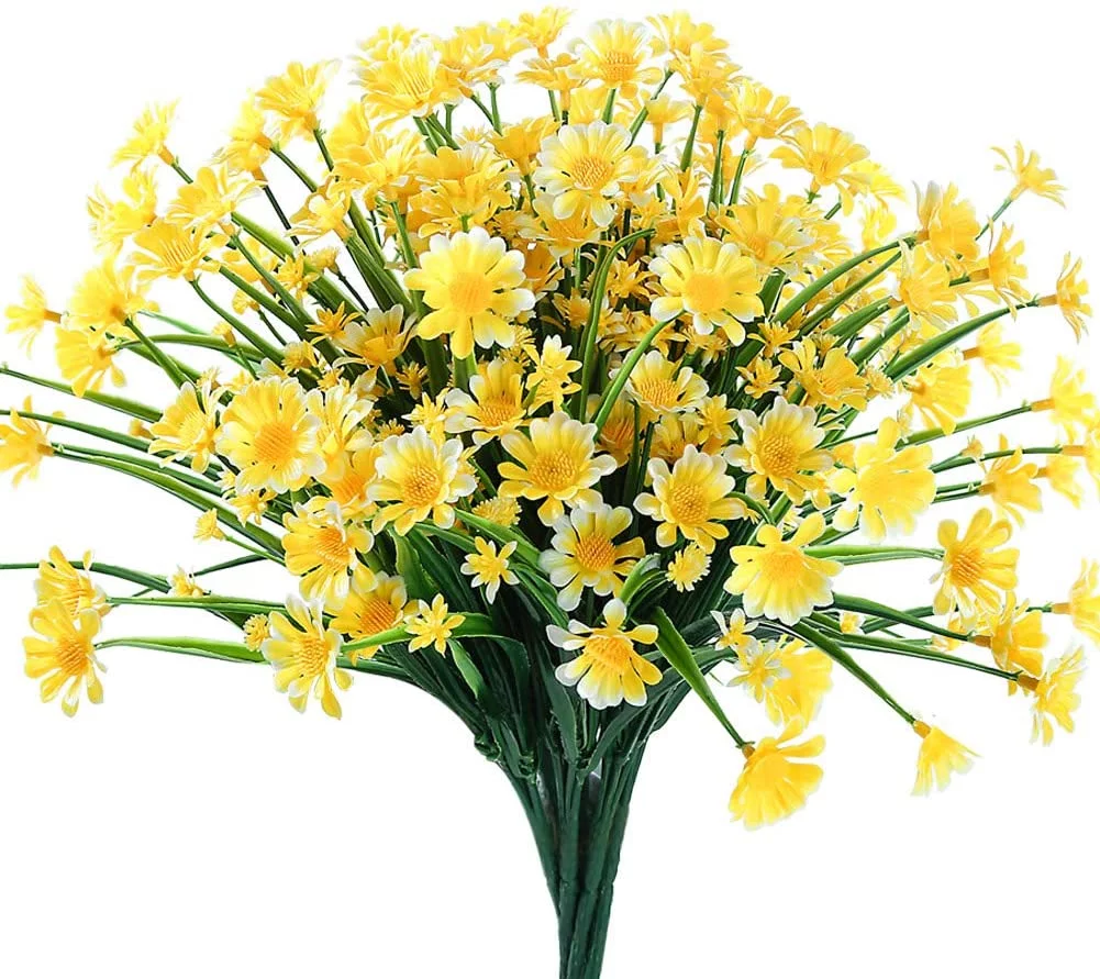 Baumaty 8 Bundles Artificial Flowers, Fake Outdoor UV Resistant Boxwood Shrubs Plants, Lifelike Plastic Flowers for Indoor Outdoors Home Office Garden Wedding Sidewalk Trim Decor (Yellow)